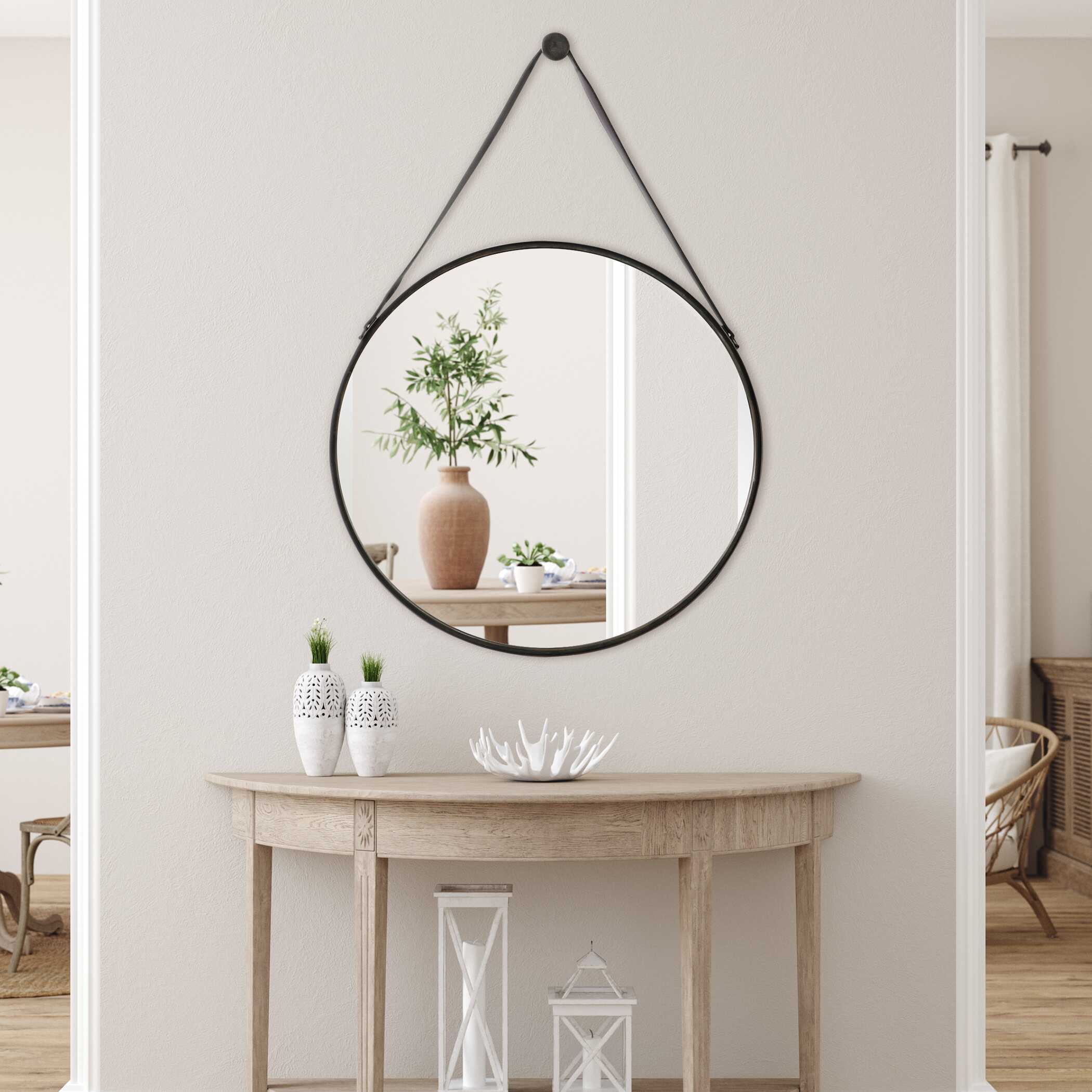 Delphine Round Bronze Leather Wall Mirror
