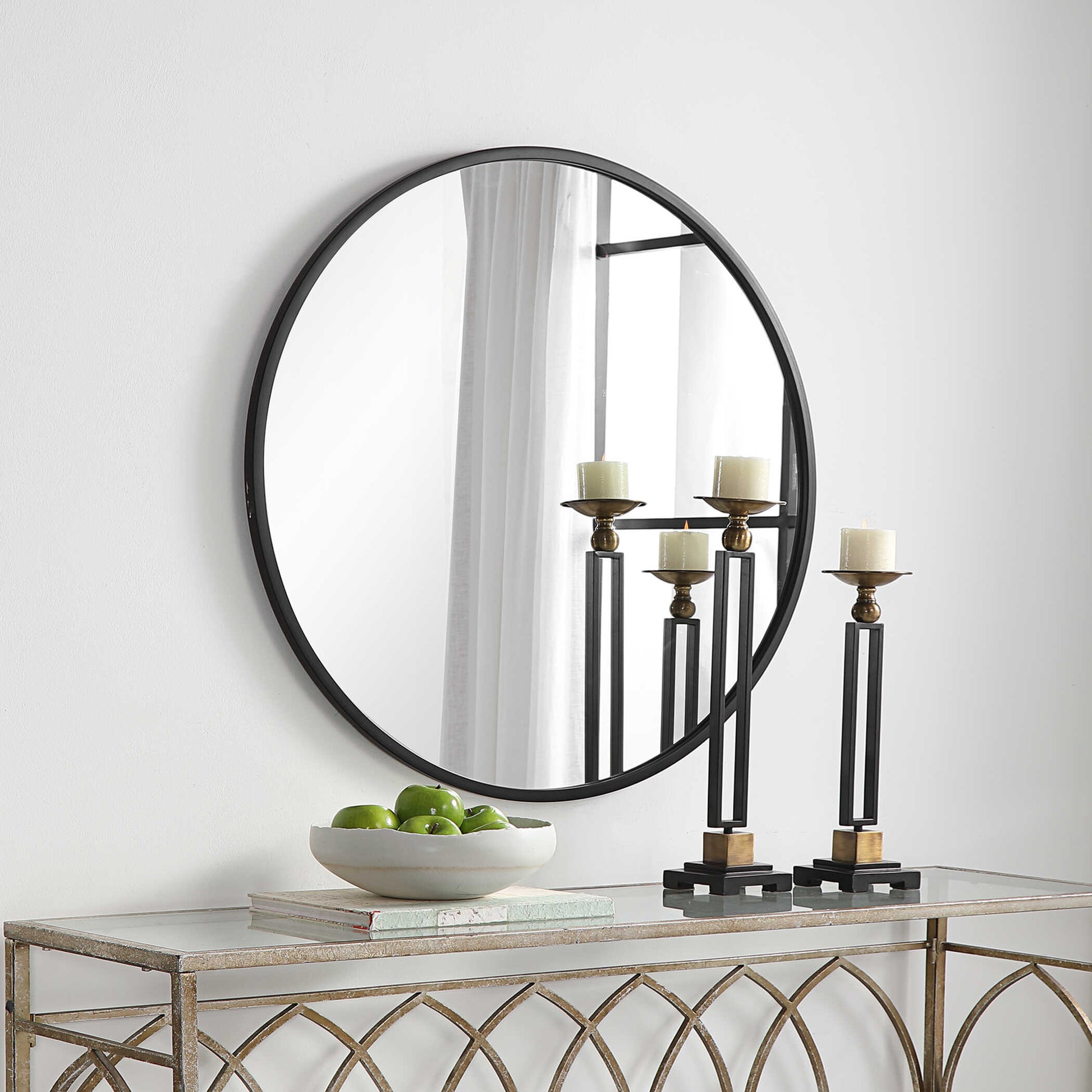 Lindral Round Matte Black Wall Mirror
