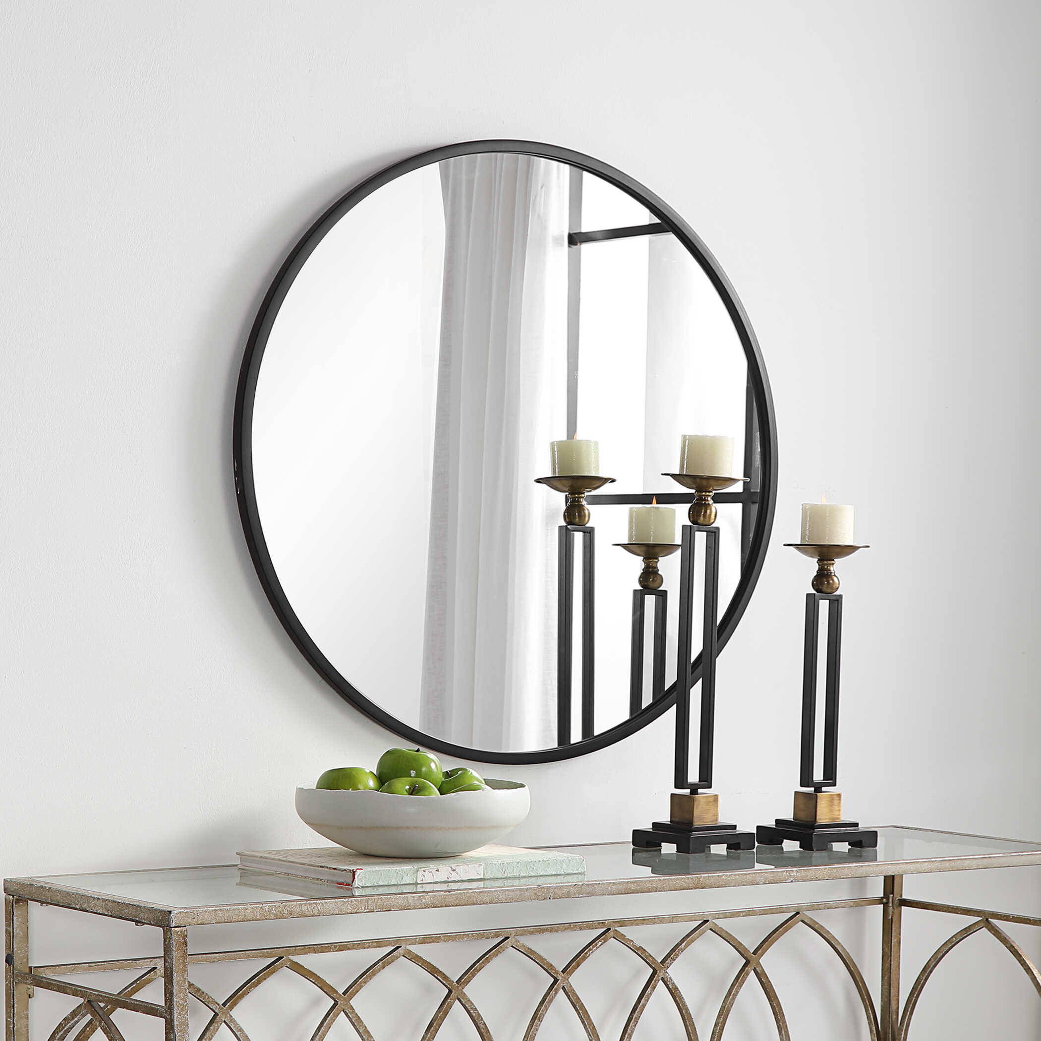 Lindral Round Matte Black Wall Mirror