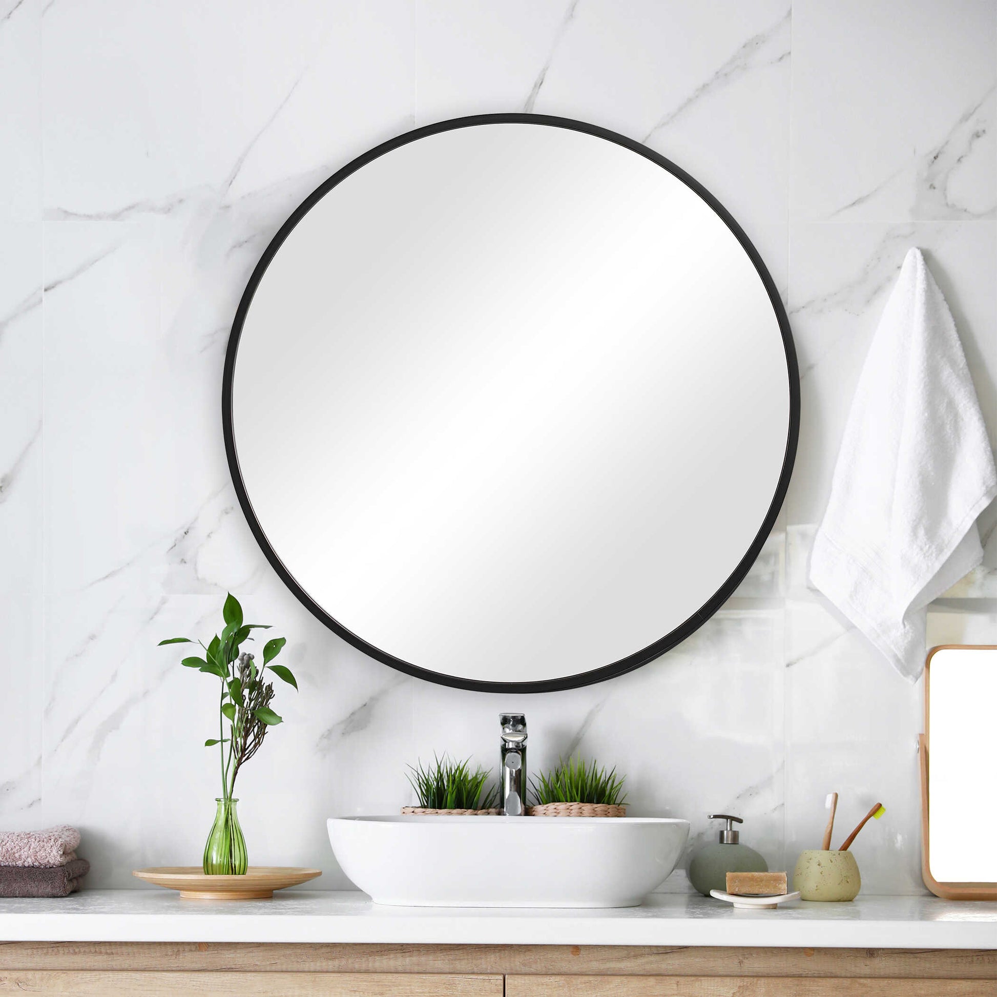 Lindral Round Matte Black Wall Mirror