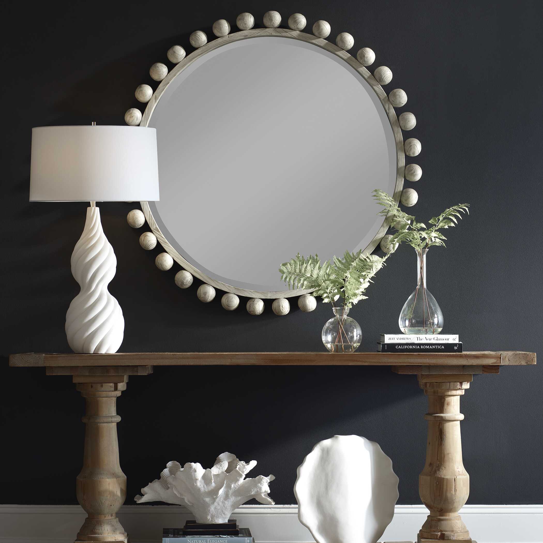 Uttermost Cyra Wood Round Mirror, Aged Ivory