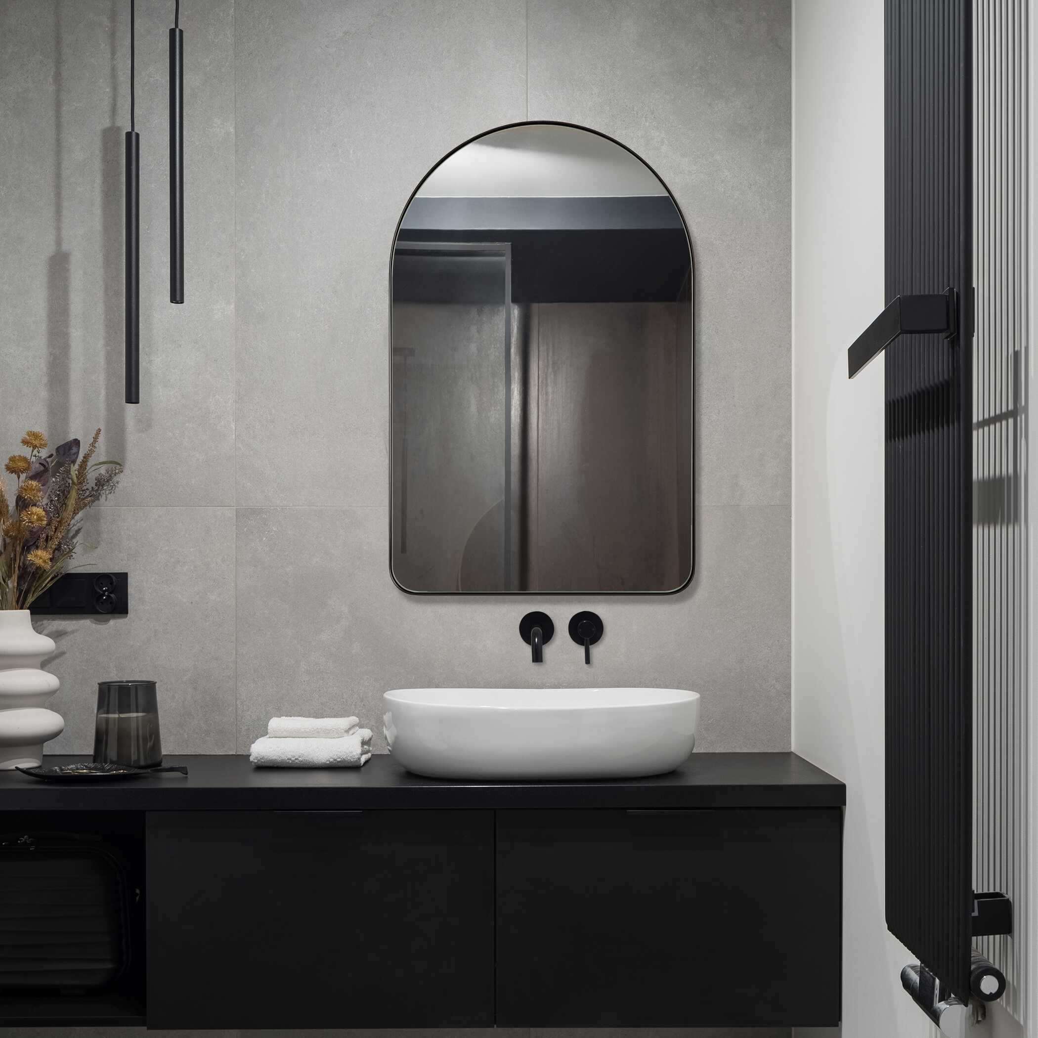 Fiorella Arched Satin Black Wall Mirror