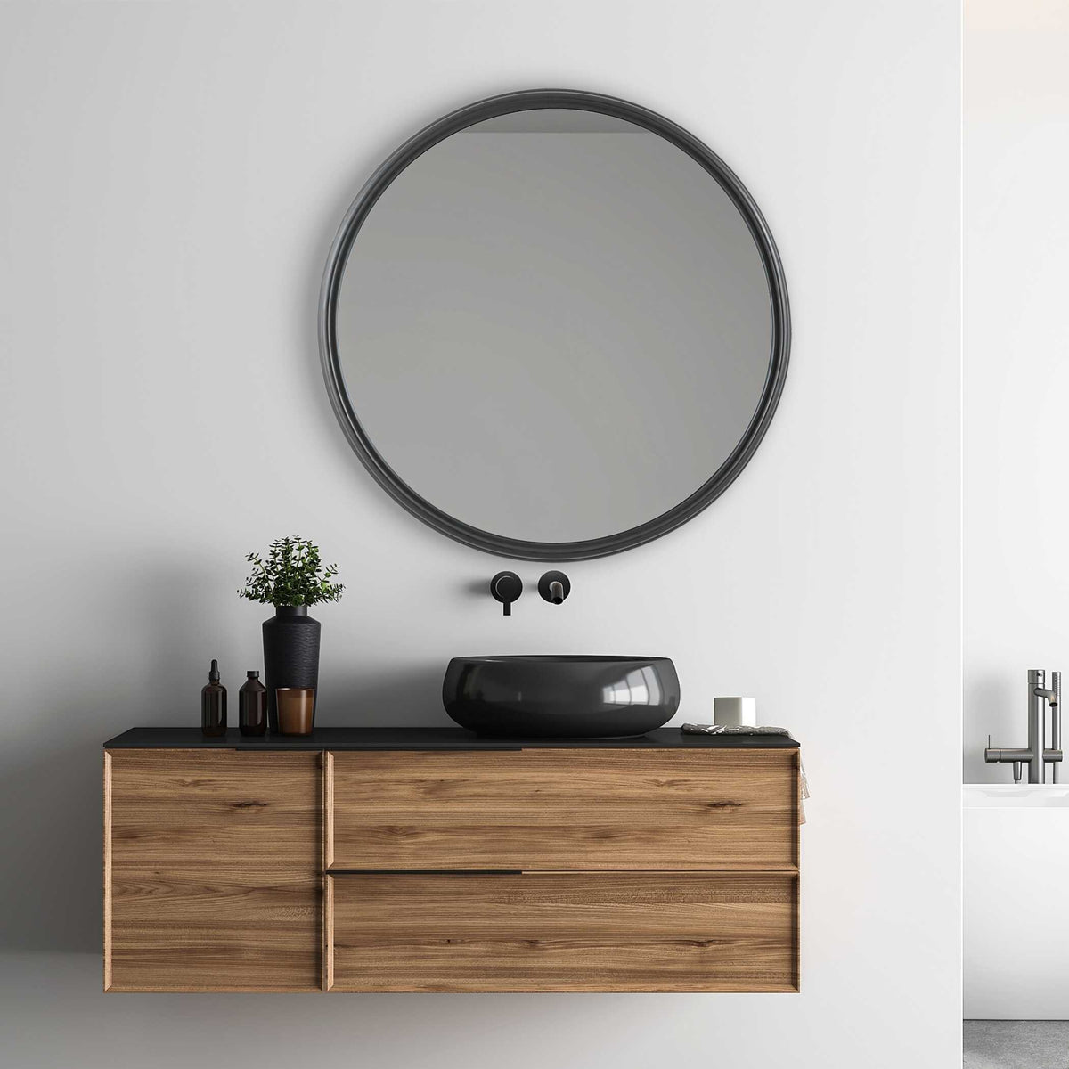 Ombra Round Matte Black Wall Mirror