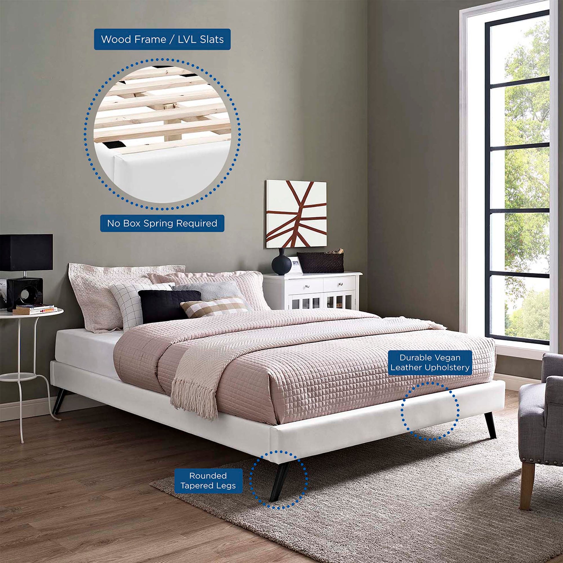 Loryn Vinyl Queen Bed Frame with Round Splayed Legs