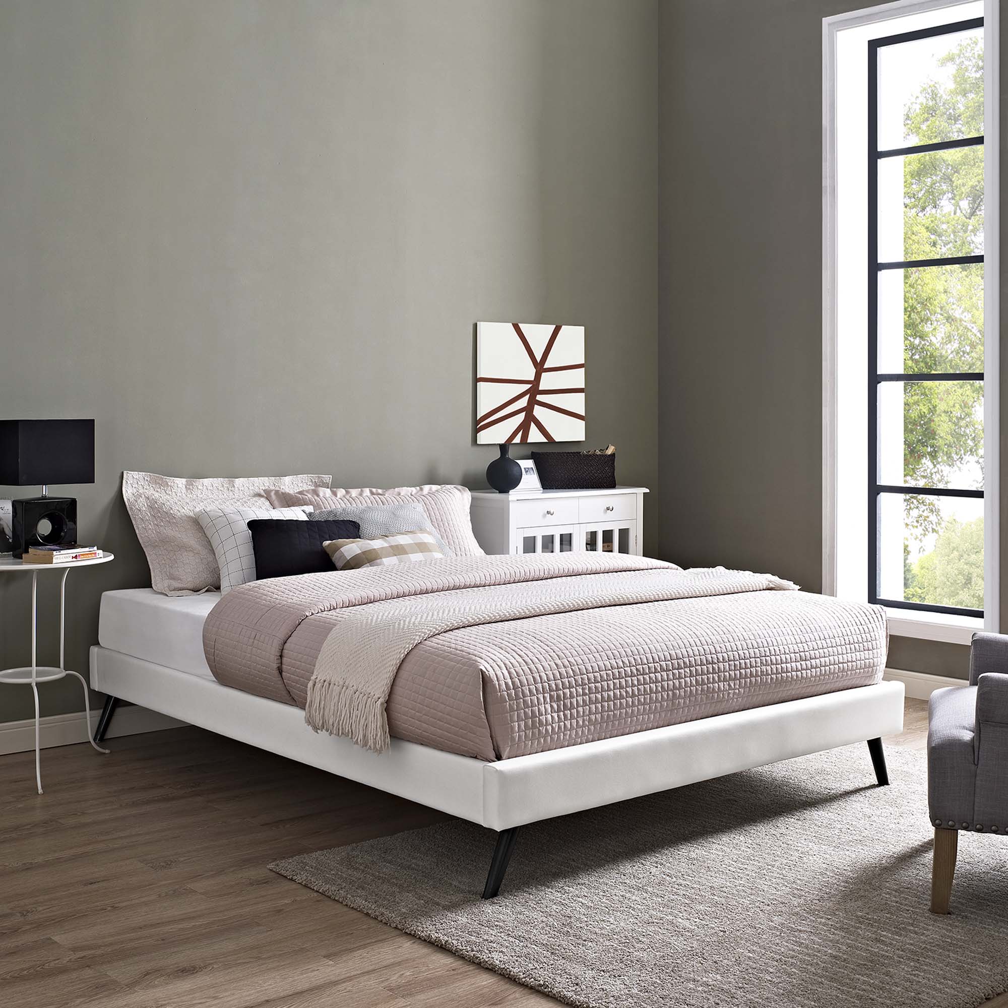 Loryn Vinyl King Bed Frame with Round Splayed Legs