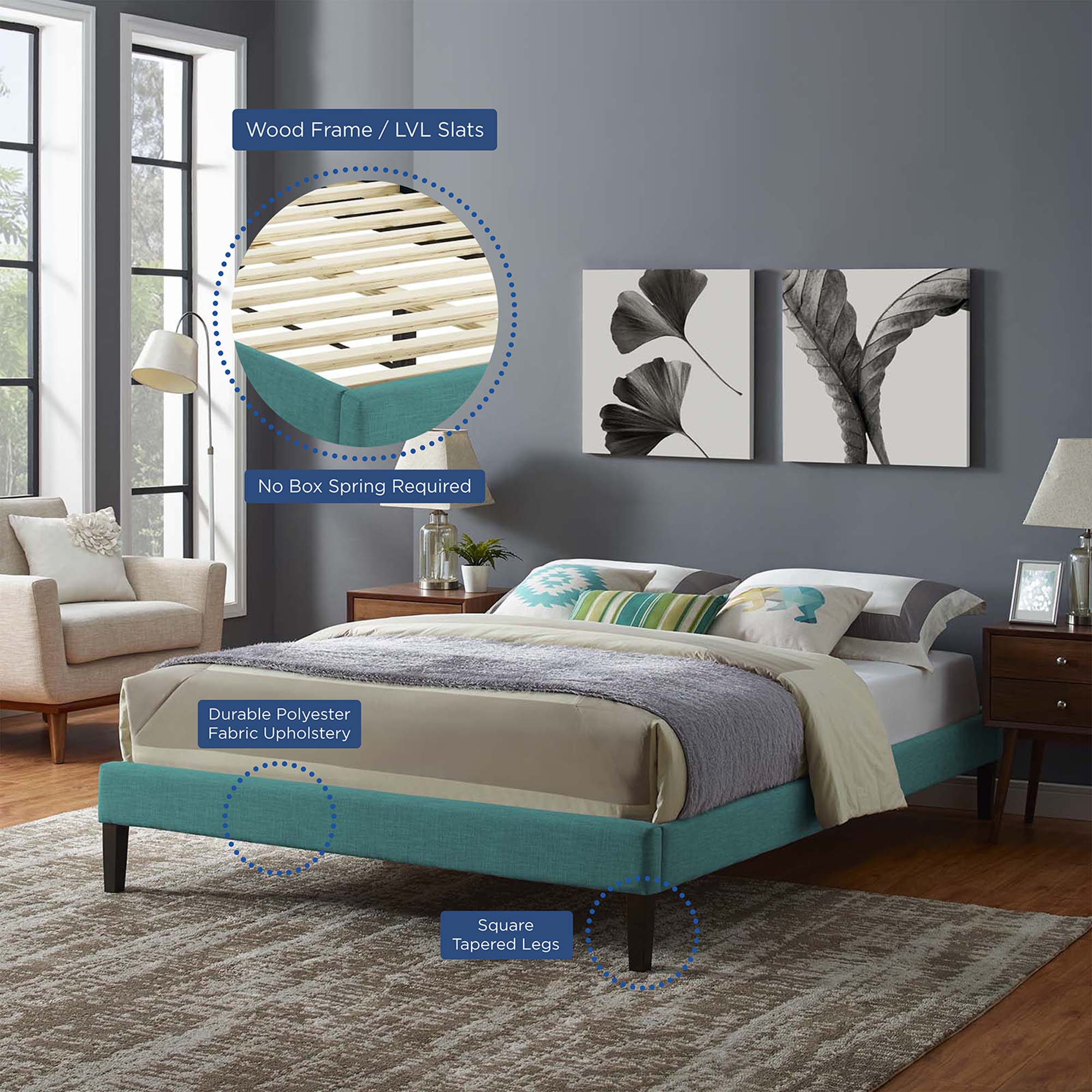 Tessie Fabric King Bed Frame with Squared Tapered Legs