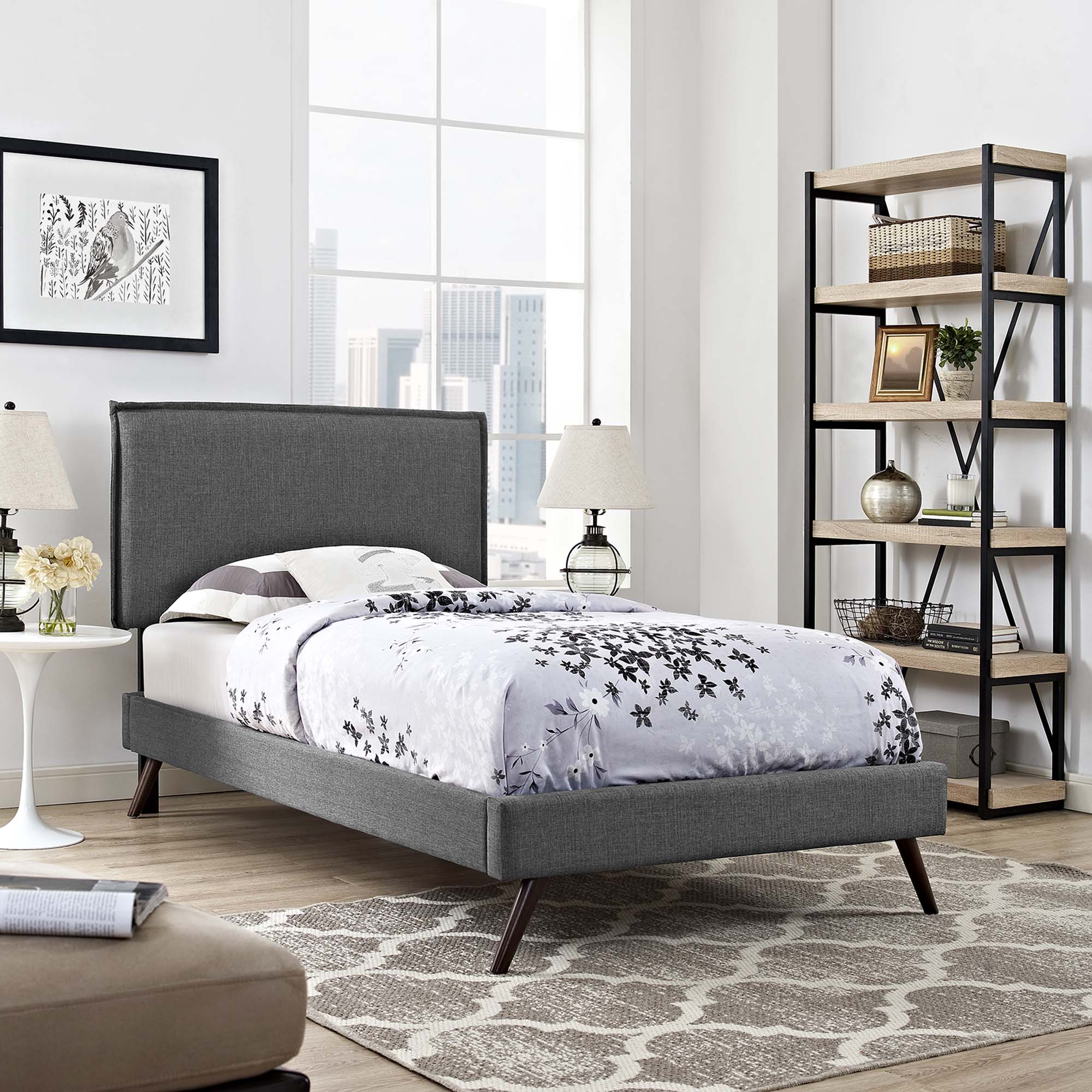 Amaris Fabric Twin Platform Bed with Round Splayed Legs