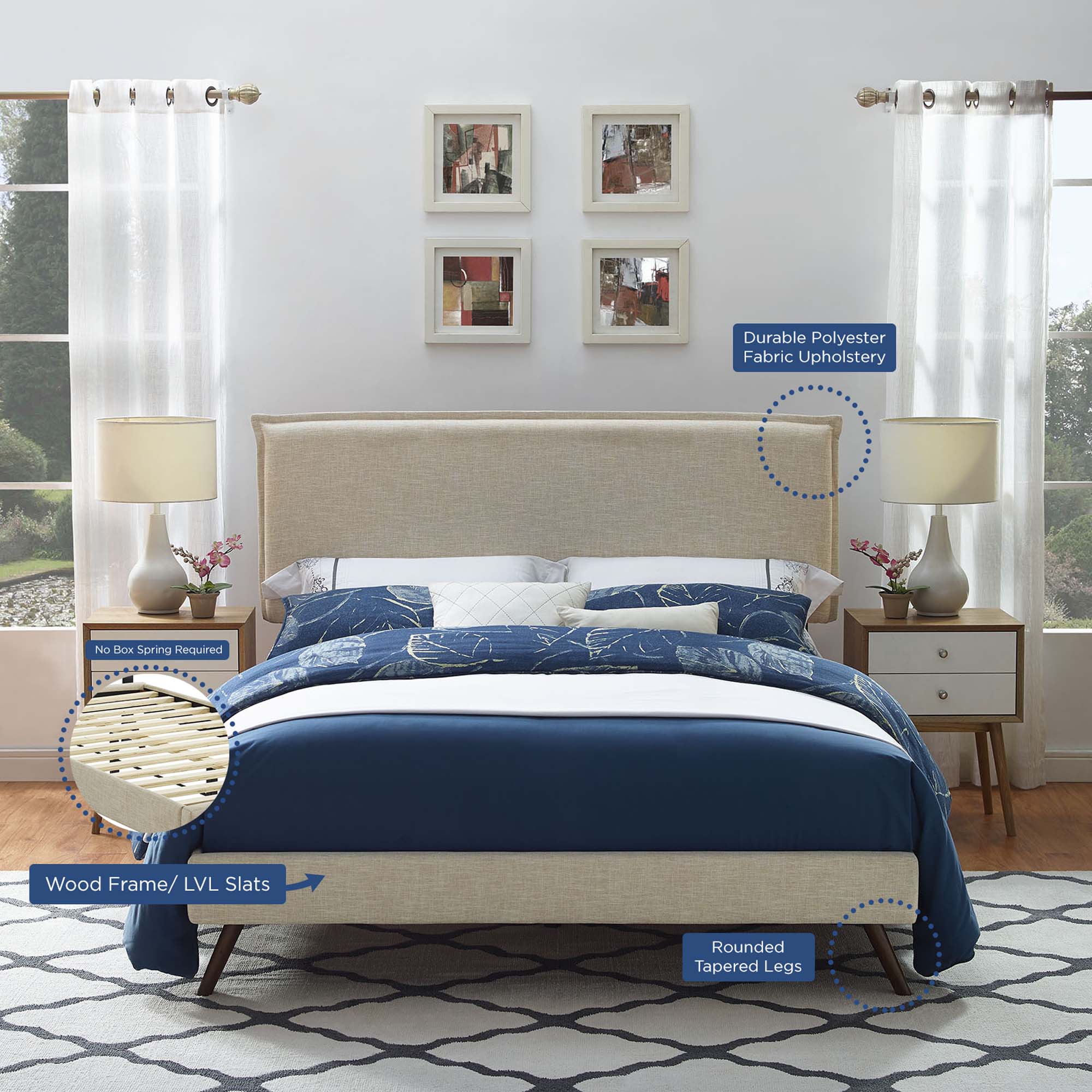 Amaris Fabric Platform Bed with Round Splayed Legs