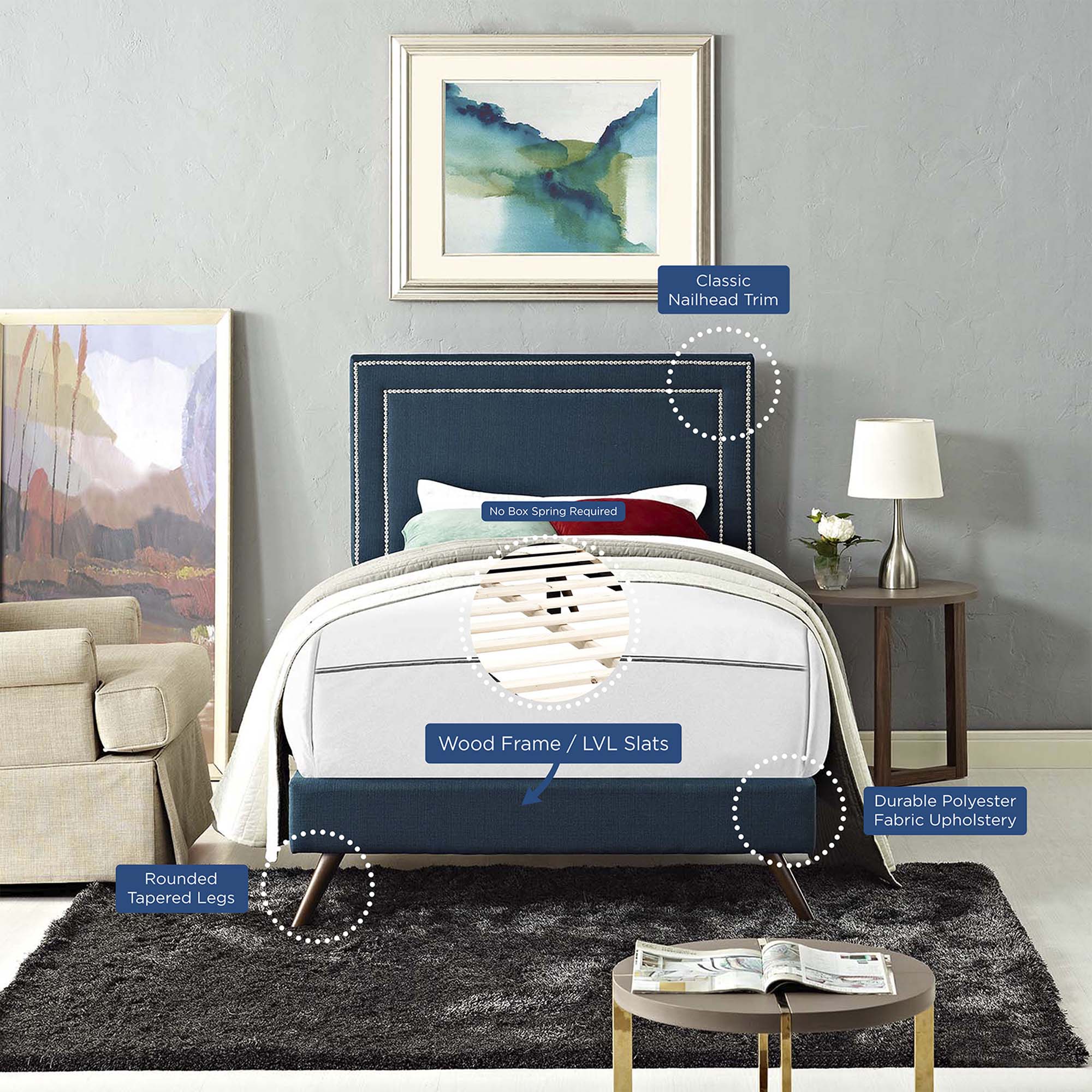 Virginia Fabric Twin Platform Bed with Round Splayed Legs