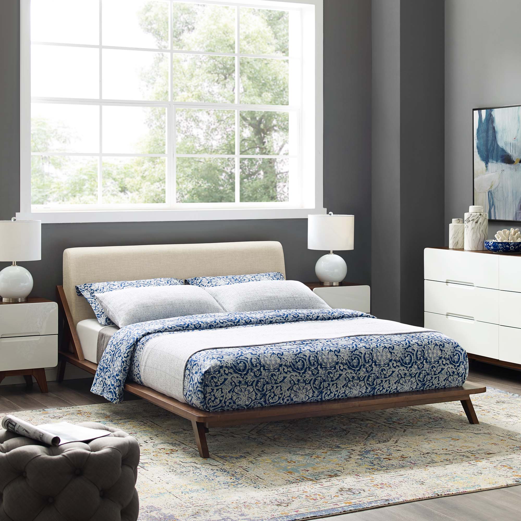 Luella Upholstered Fabric Queen Platform Bed - Walnut White
