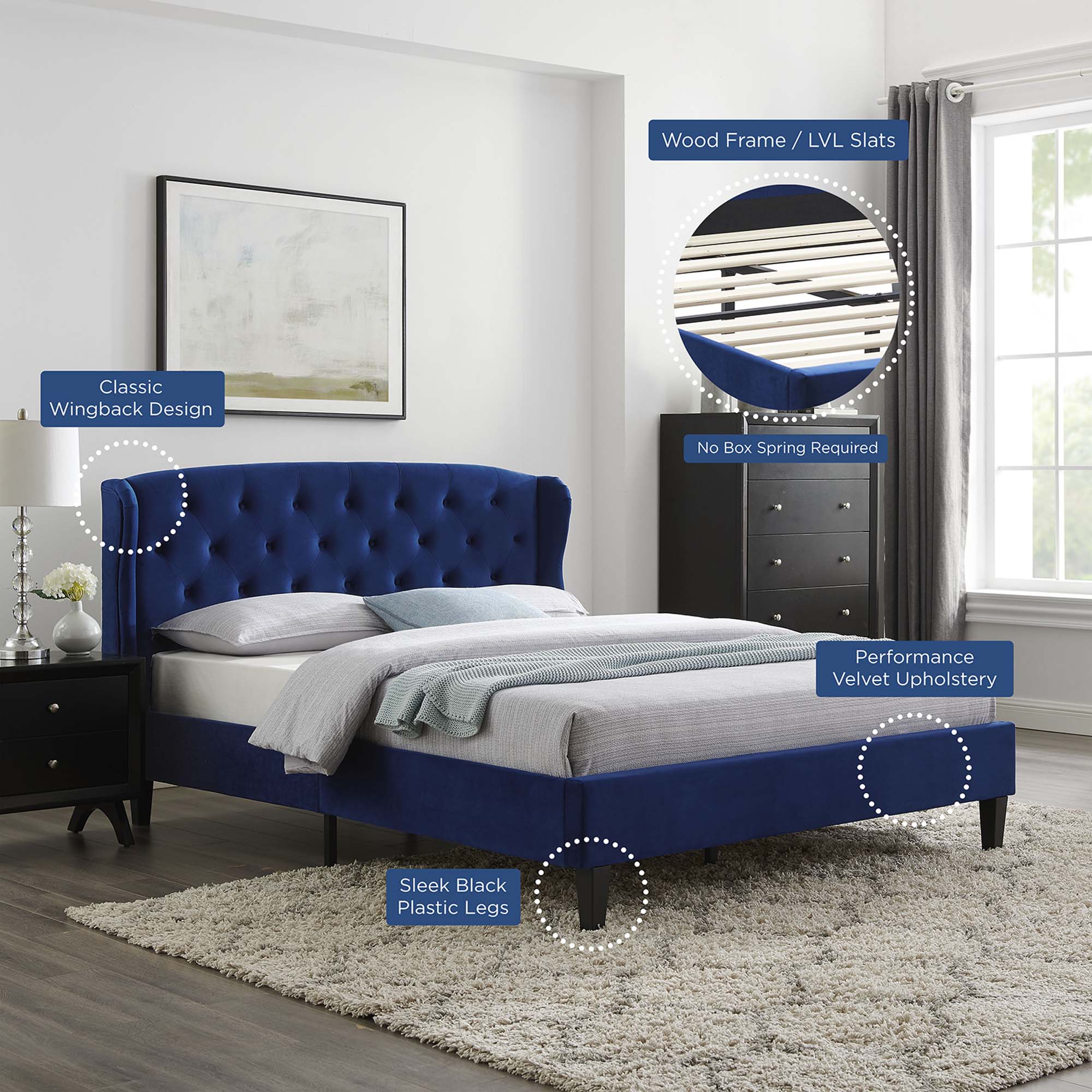Penelope Tufted Wingback Performance Velvet Platform Bed