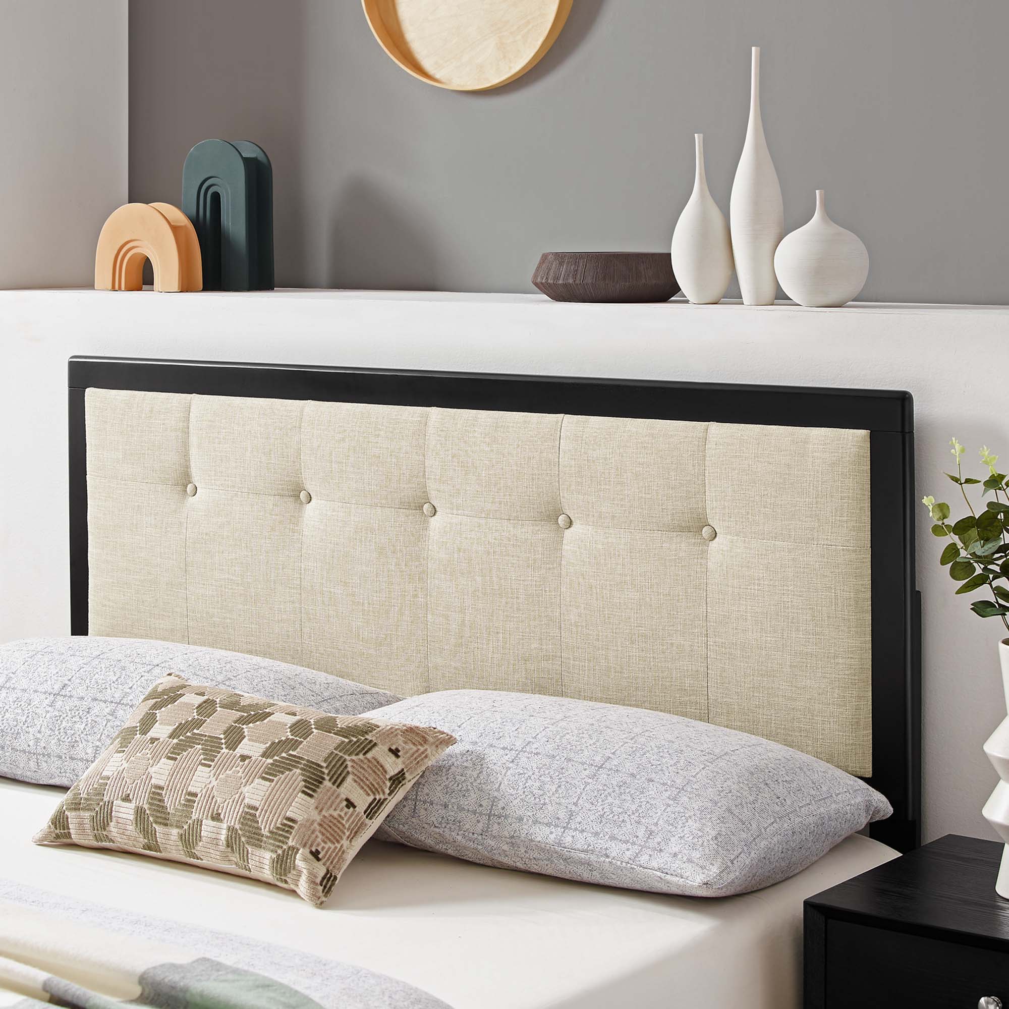 Draper Tufted Fabric and Wood King Headboard - Walnut Charcoal