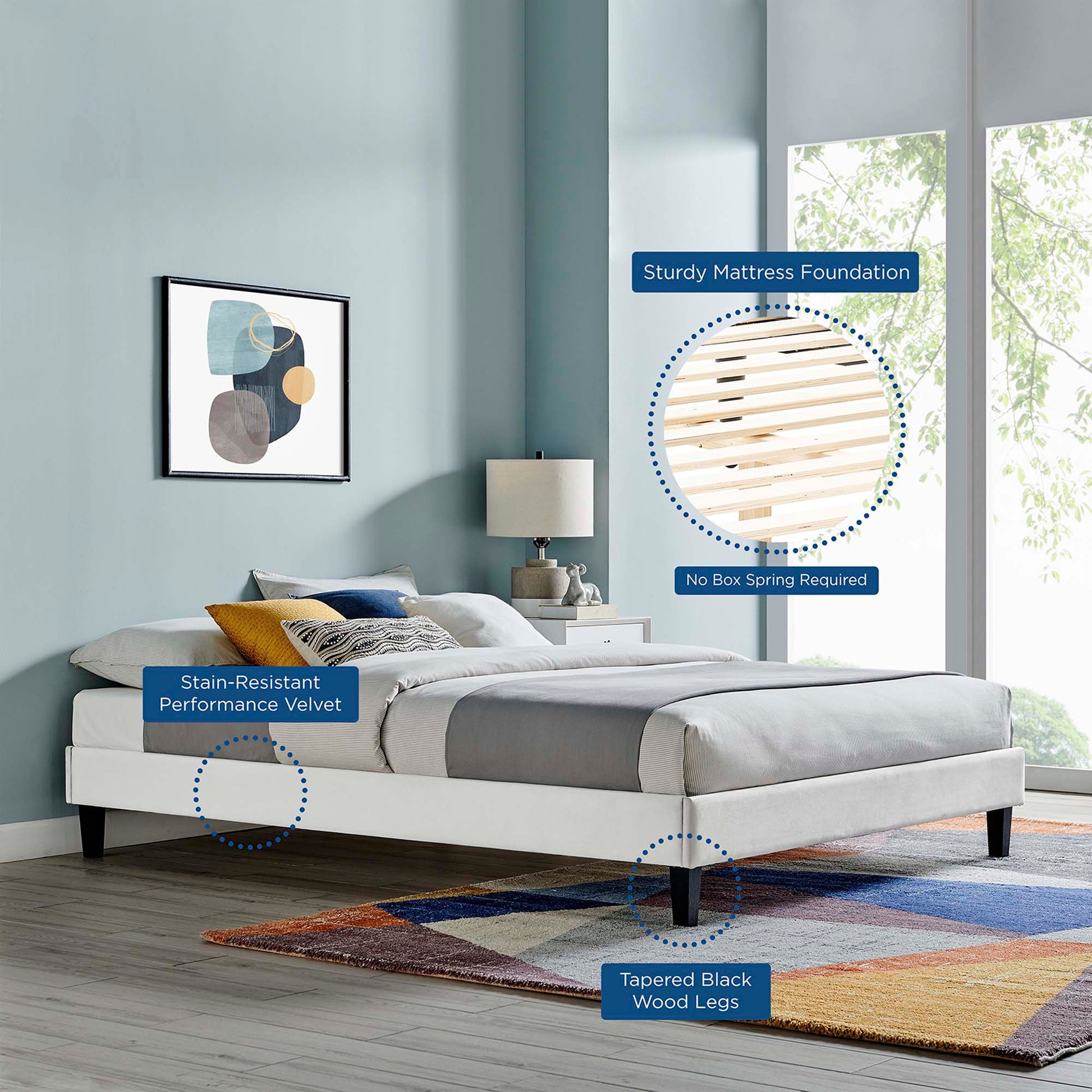 Reign Performance Velvet Full Platform Bed Frame - White