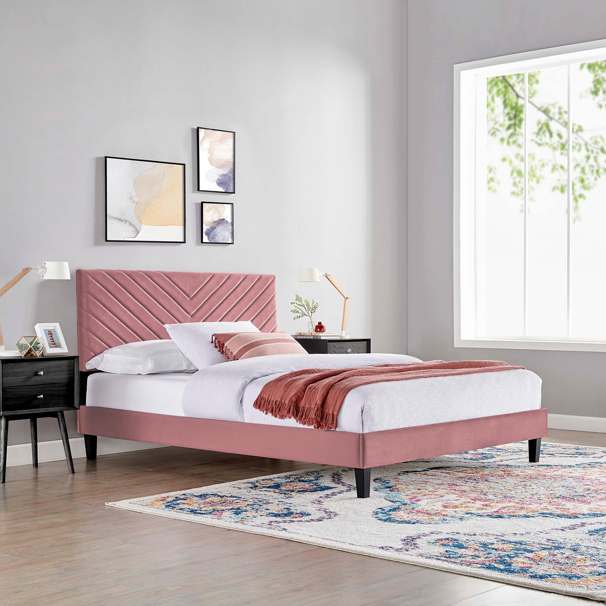Roxanne Performance Velvet Platform Bed With Black Wood Legs
