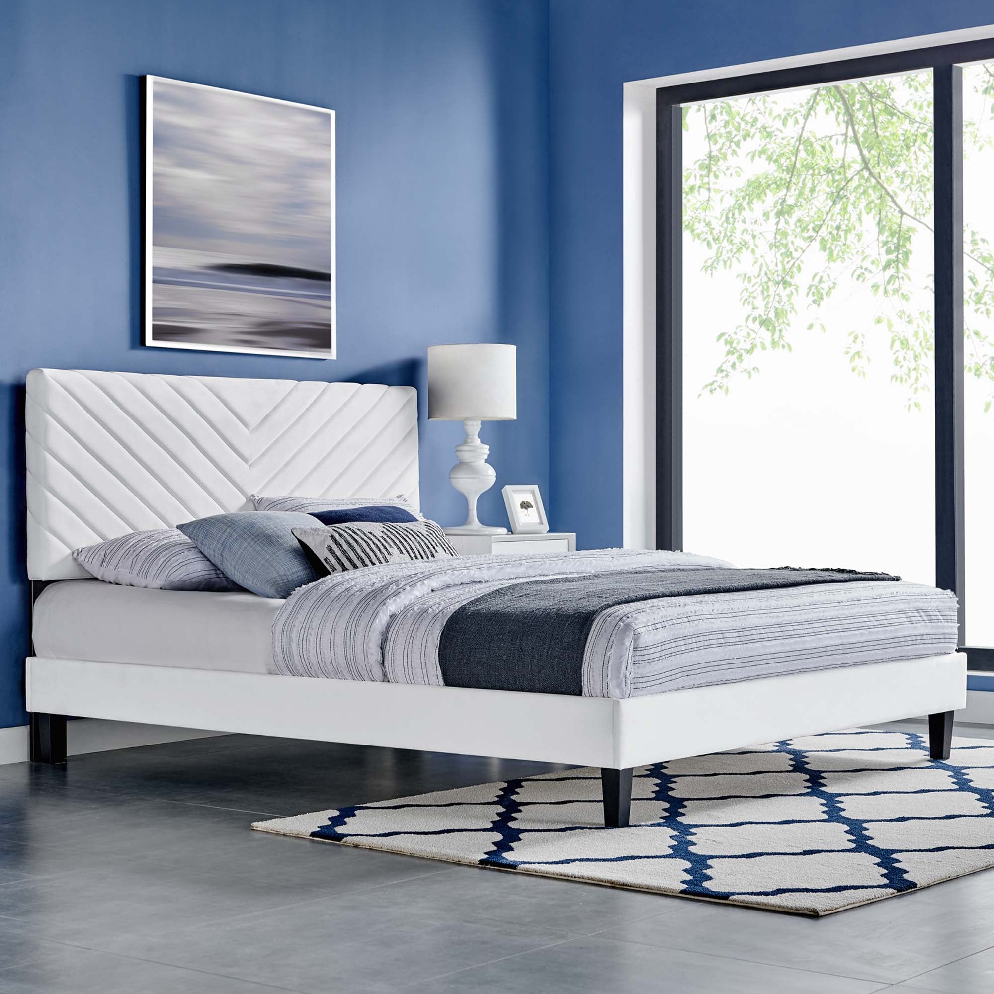 Roxanne Performance Velvet Platform Bed With Black Wood Legs