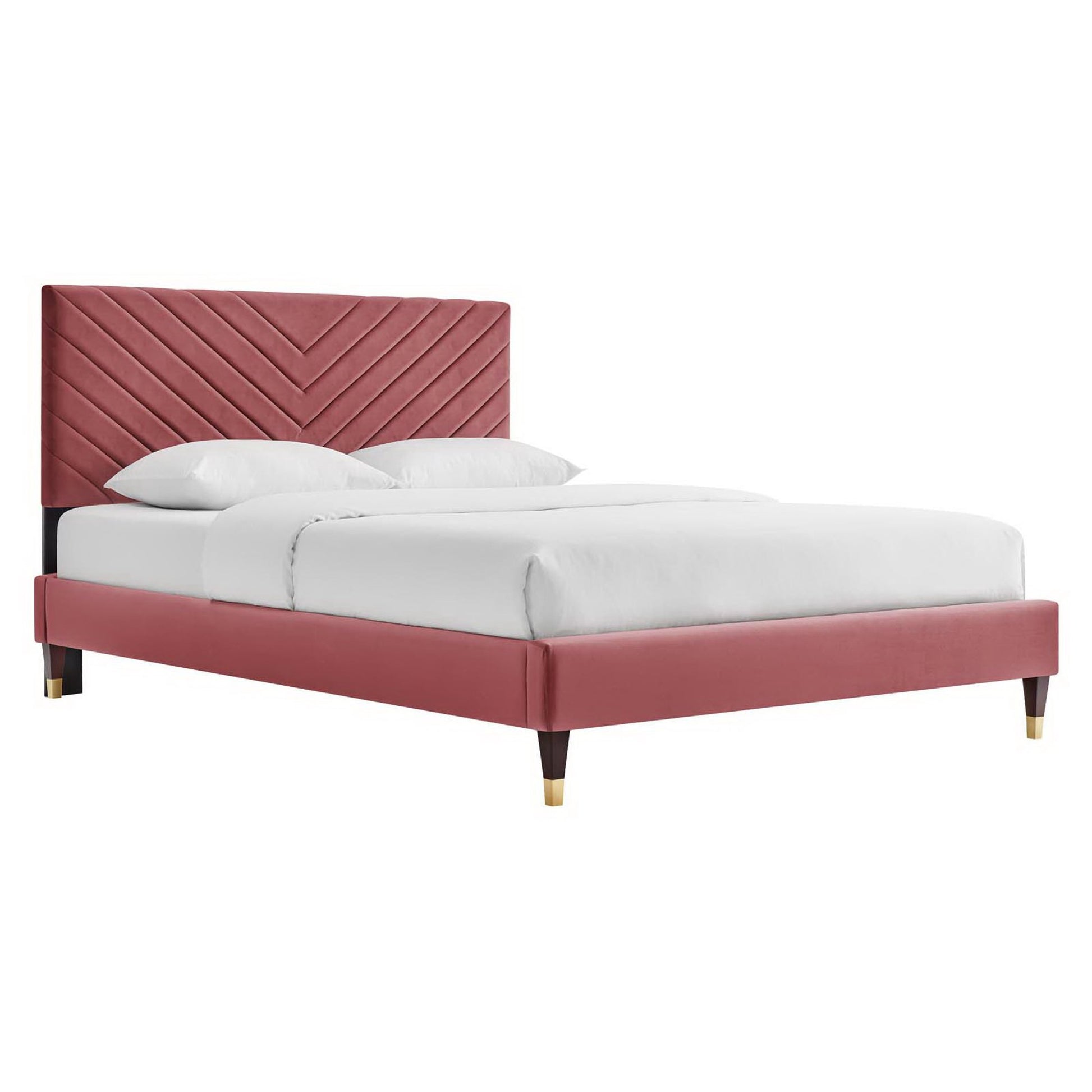Roxanne Performance Velvet Platform Bed With Wood and Gold Legs - Dusty Rose