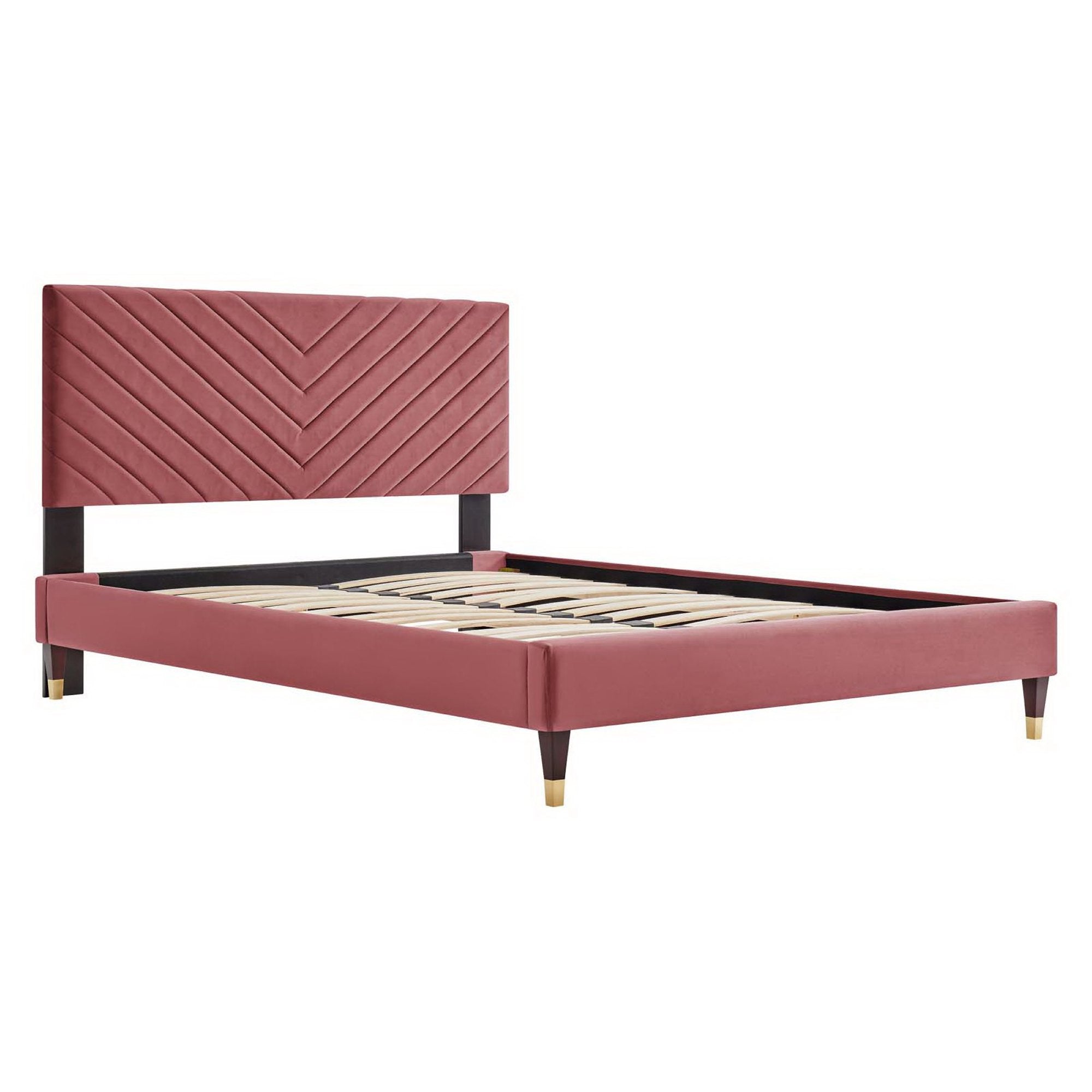 Roxanne Performance Velvet Platform Bed With Wood and Gold Legs - White