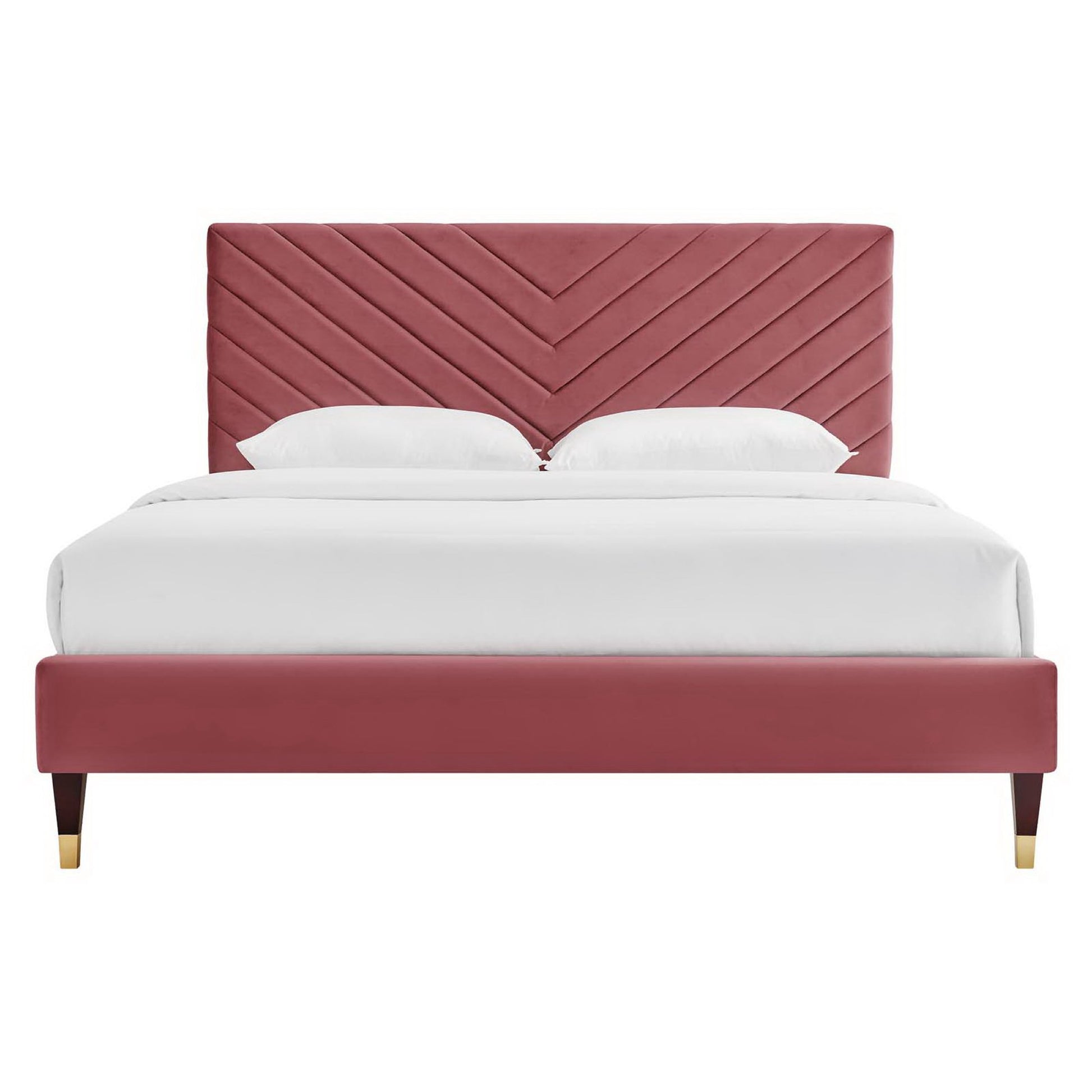 Roxanne Performance Velvet Platform Bed With Wood and Gold Legs