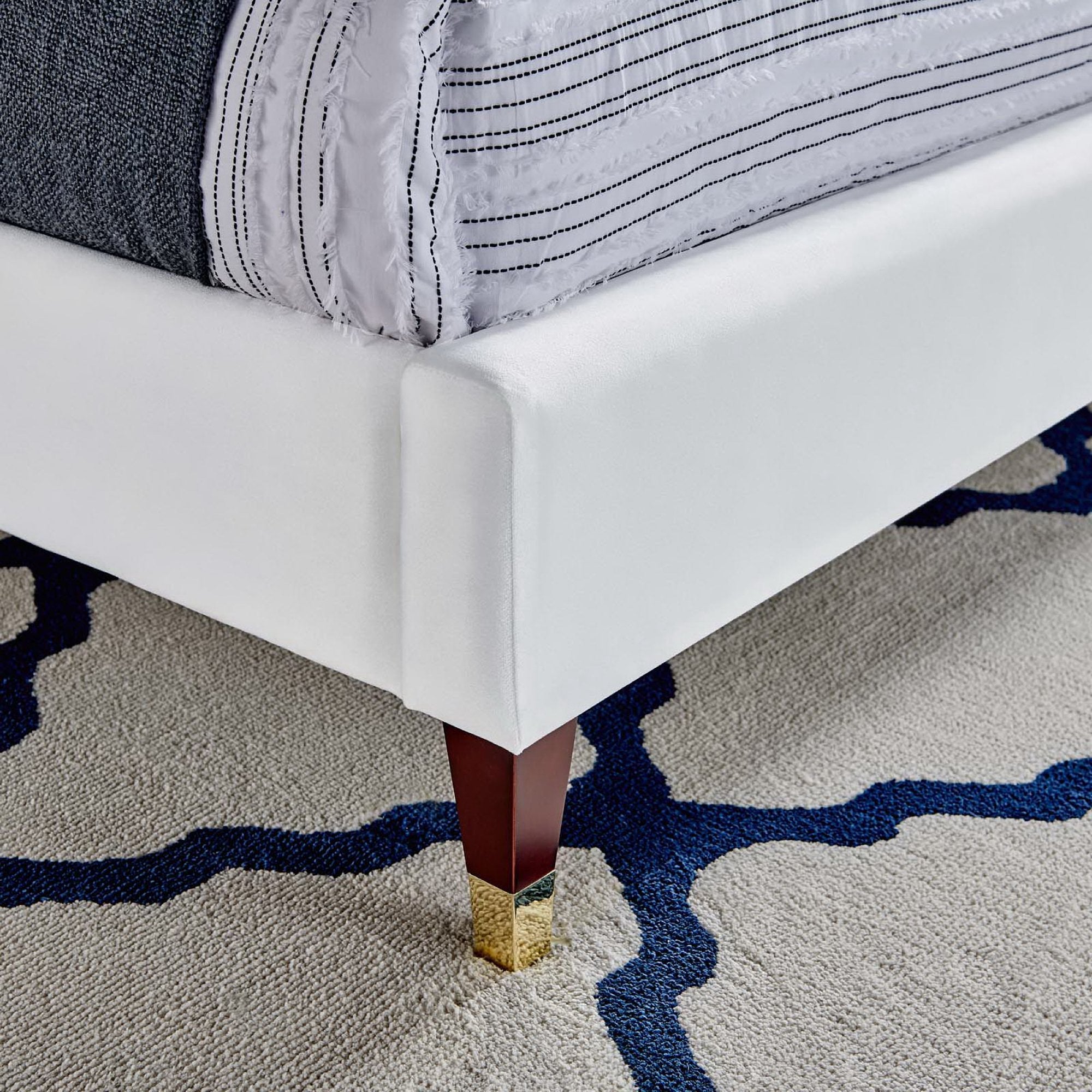Roxanne Performance Velvet Platform Bed With Wood and Gold Legs