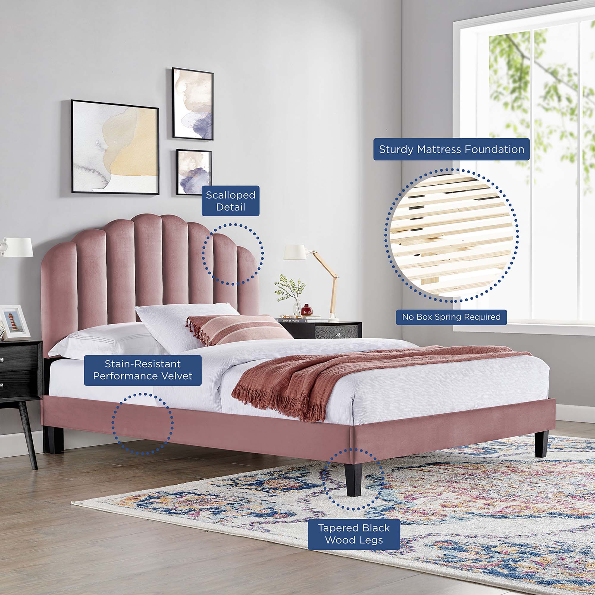 Daisy Performance Velvet Platform Bed With Black Wood Legs