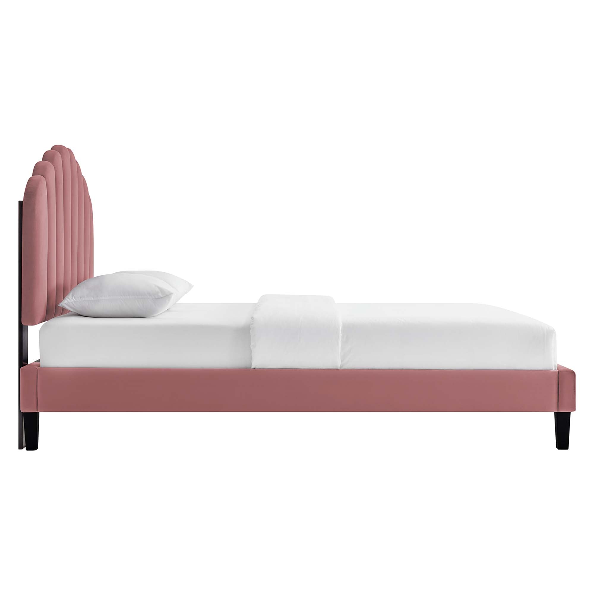 Daisy Performance Velvet Platform Bed With Black Wood Legs - White