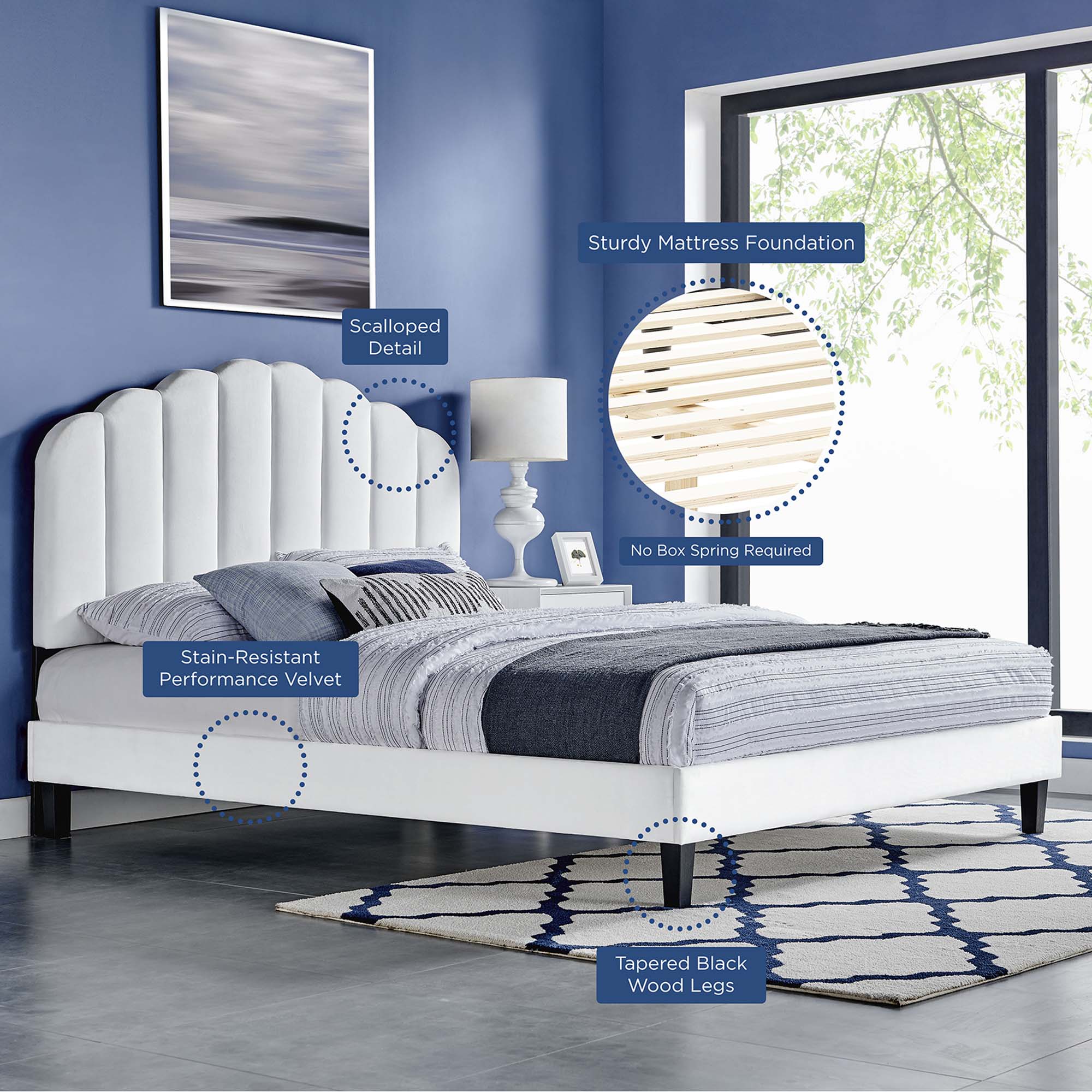 Daisy Performance Velvet Platform Bed With Black Wood Legs