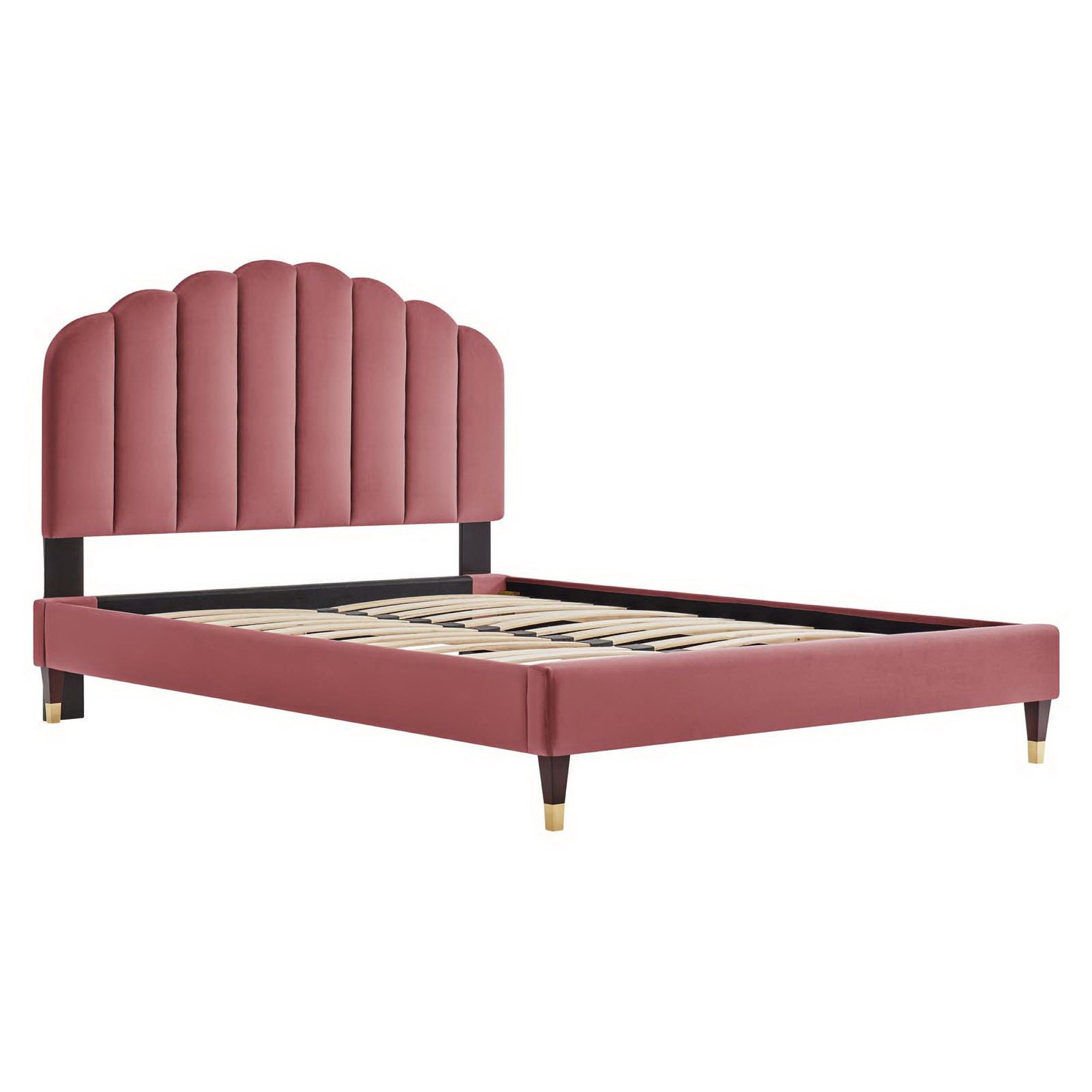 Daisy Performance Velvet Platform Bed Wood and Gold Legs - White