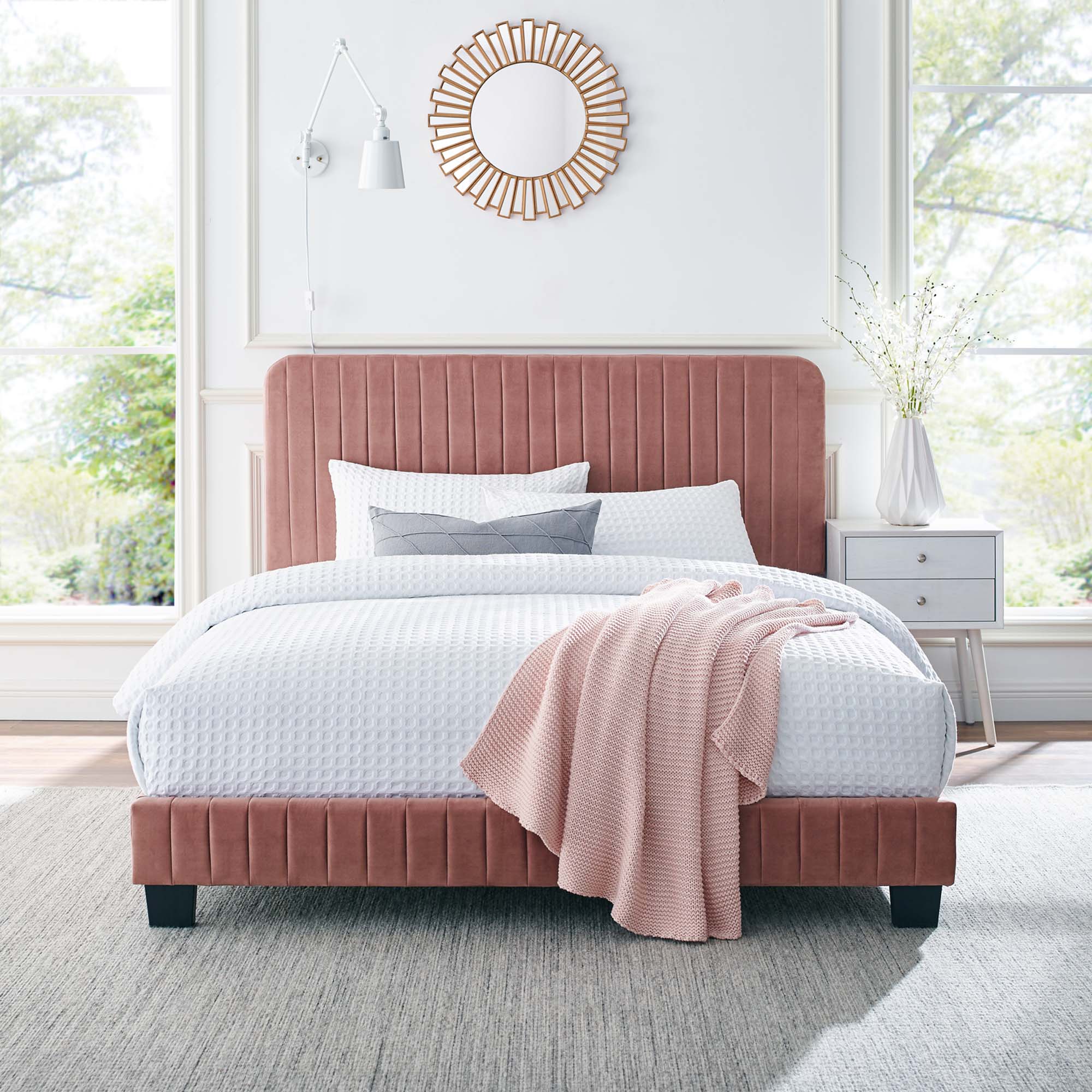 Celine Channel Tufted Performance Velvet Twin Platform Bed - Pink