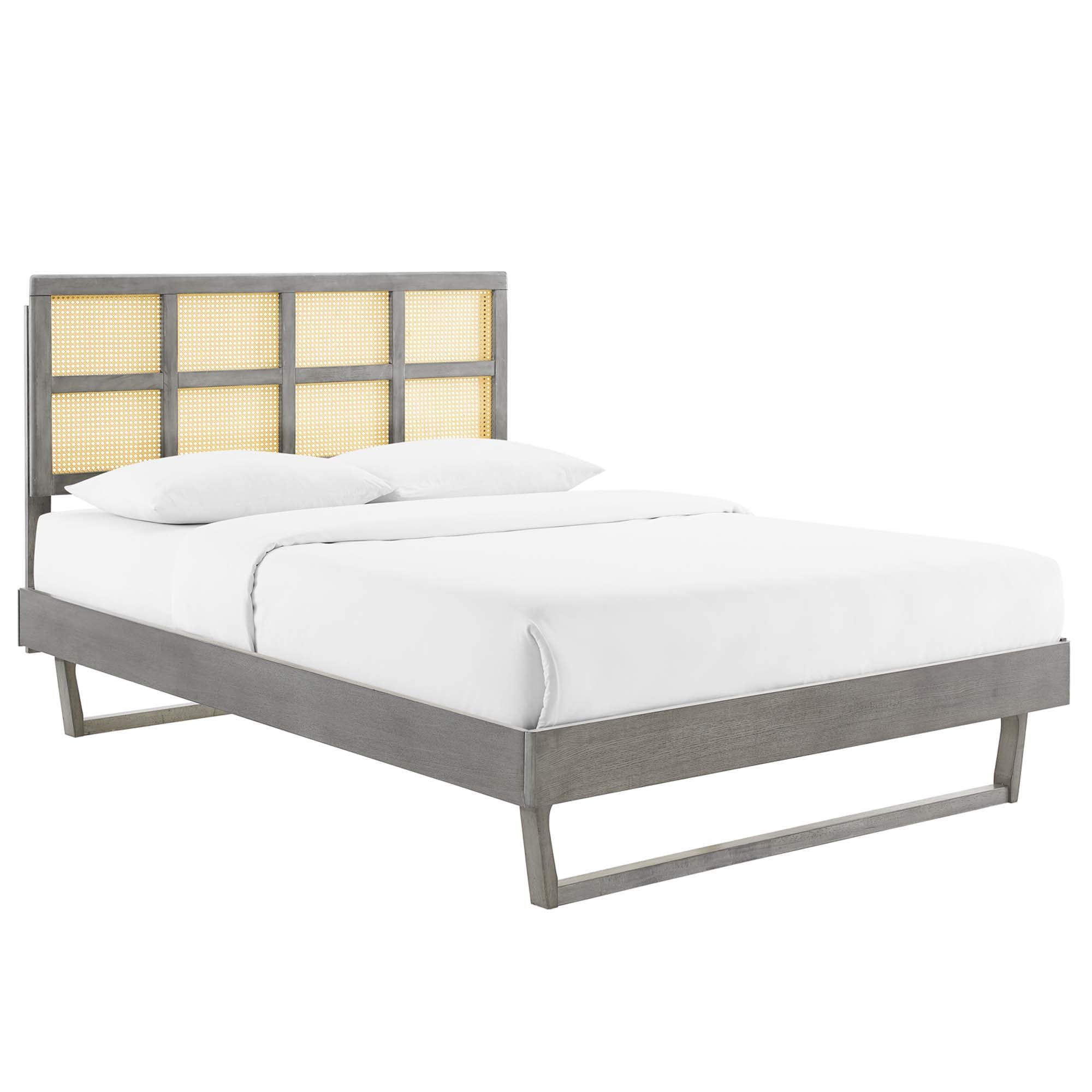 Sidney Cane and Wood Platform Bed With Angular Legs - Gray
