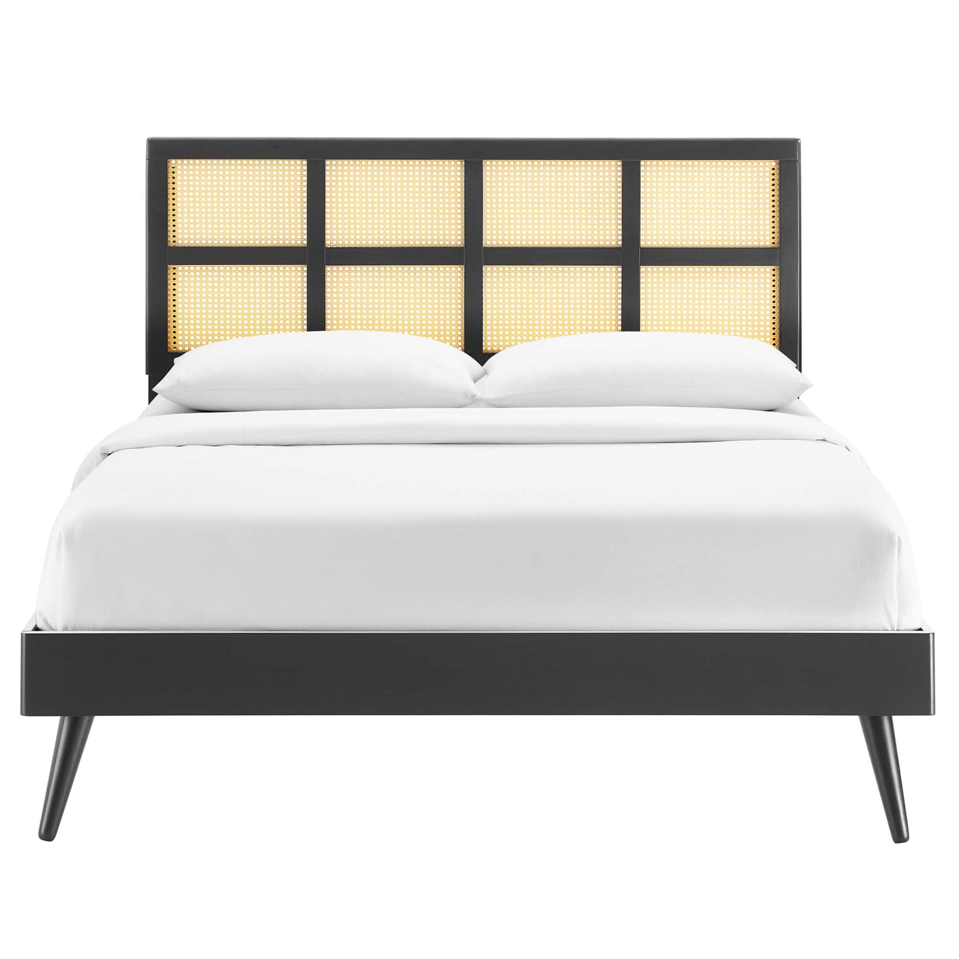 Sidney Cane and Wood Platform Bed With Splayed Legs