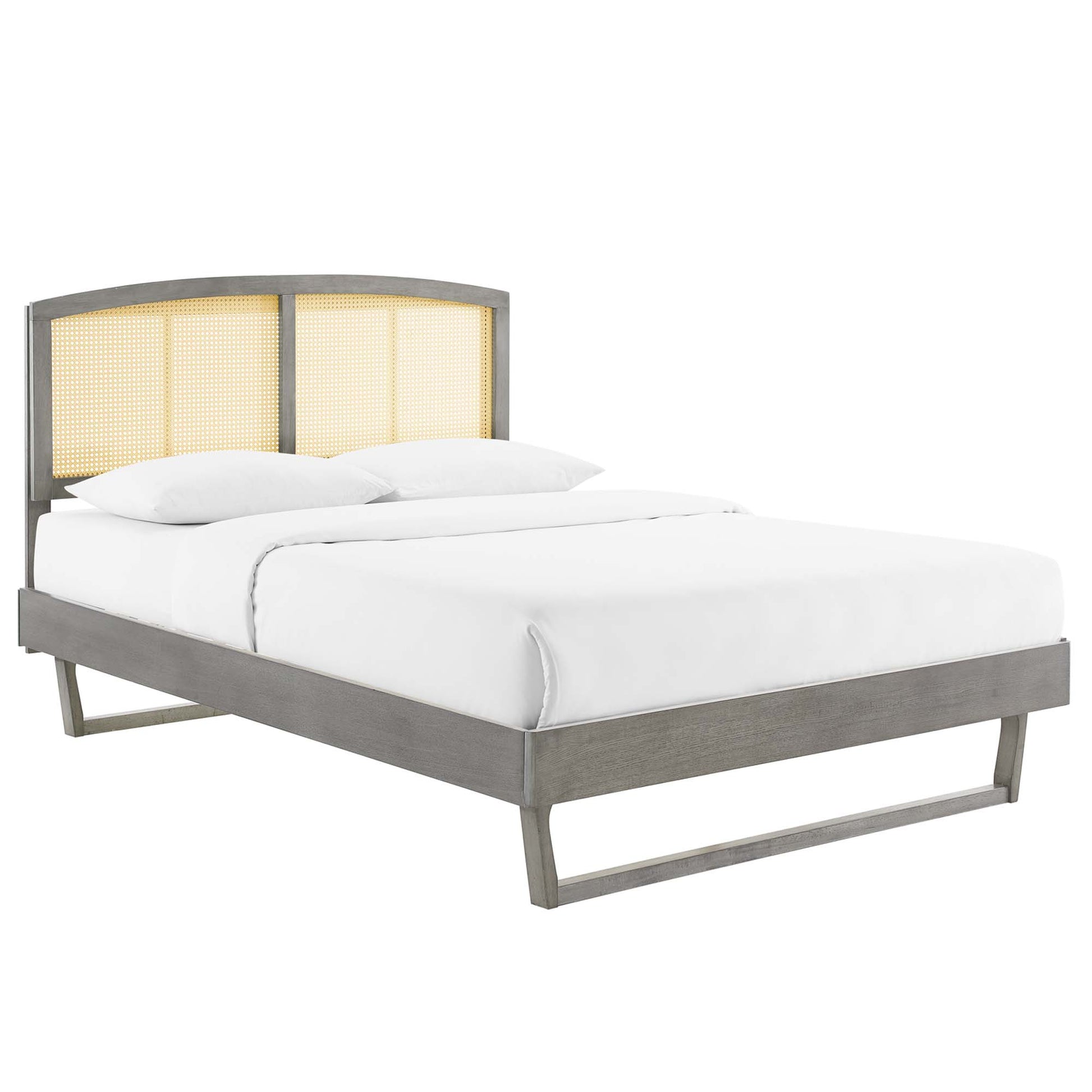 Sierra Cane and Wood Platform Bed With Angular Legs - Gray