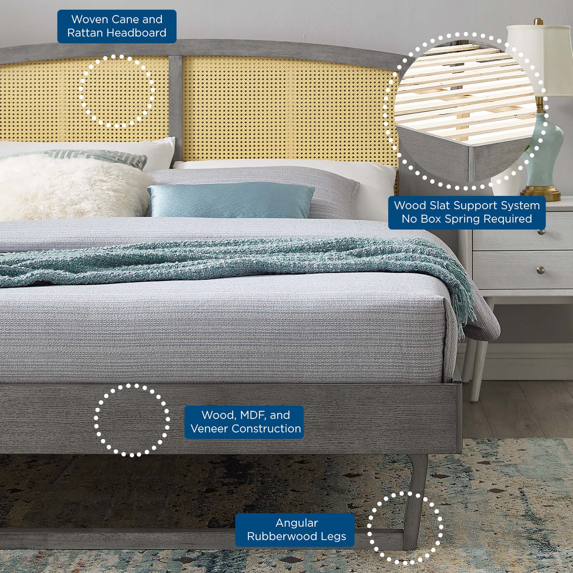 Sierra Cane and Wood Platform Bed With Angular Legs