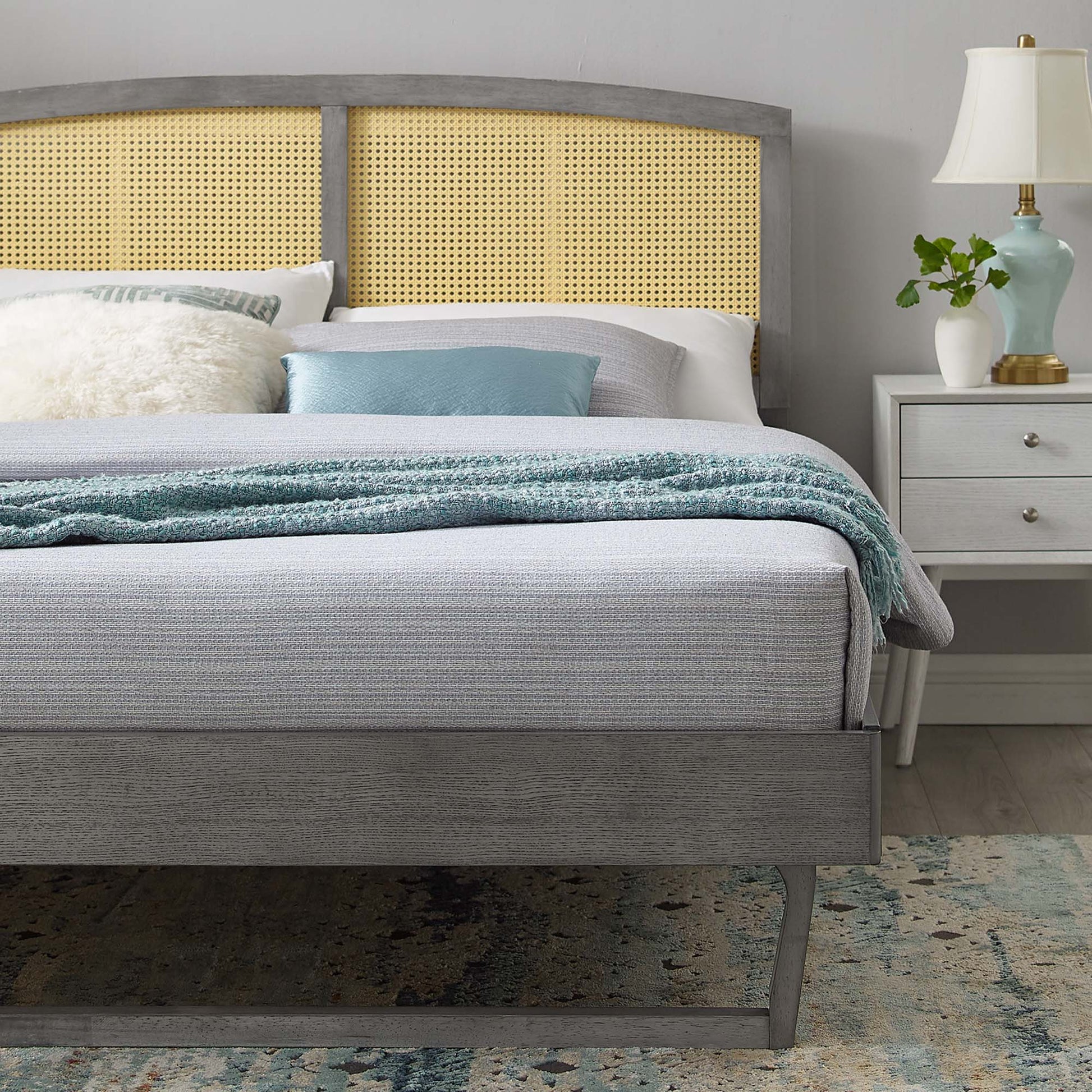 Sierra Cane and Wood Platform Bed With Angular Legs