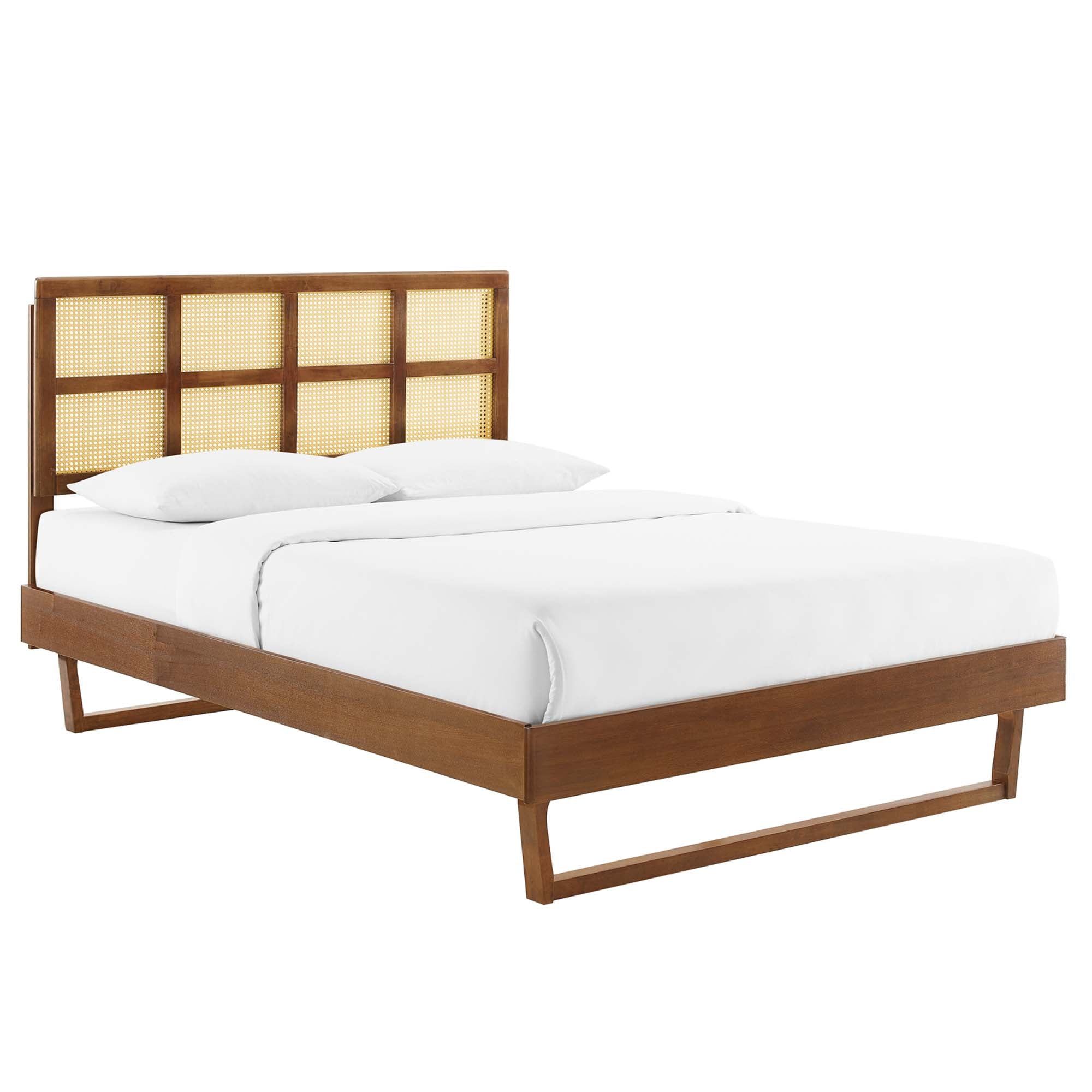 Sidney Cane and Wood King Platform Bed With Angular Legs - Walnut