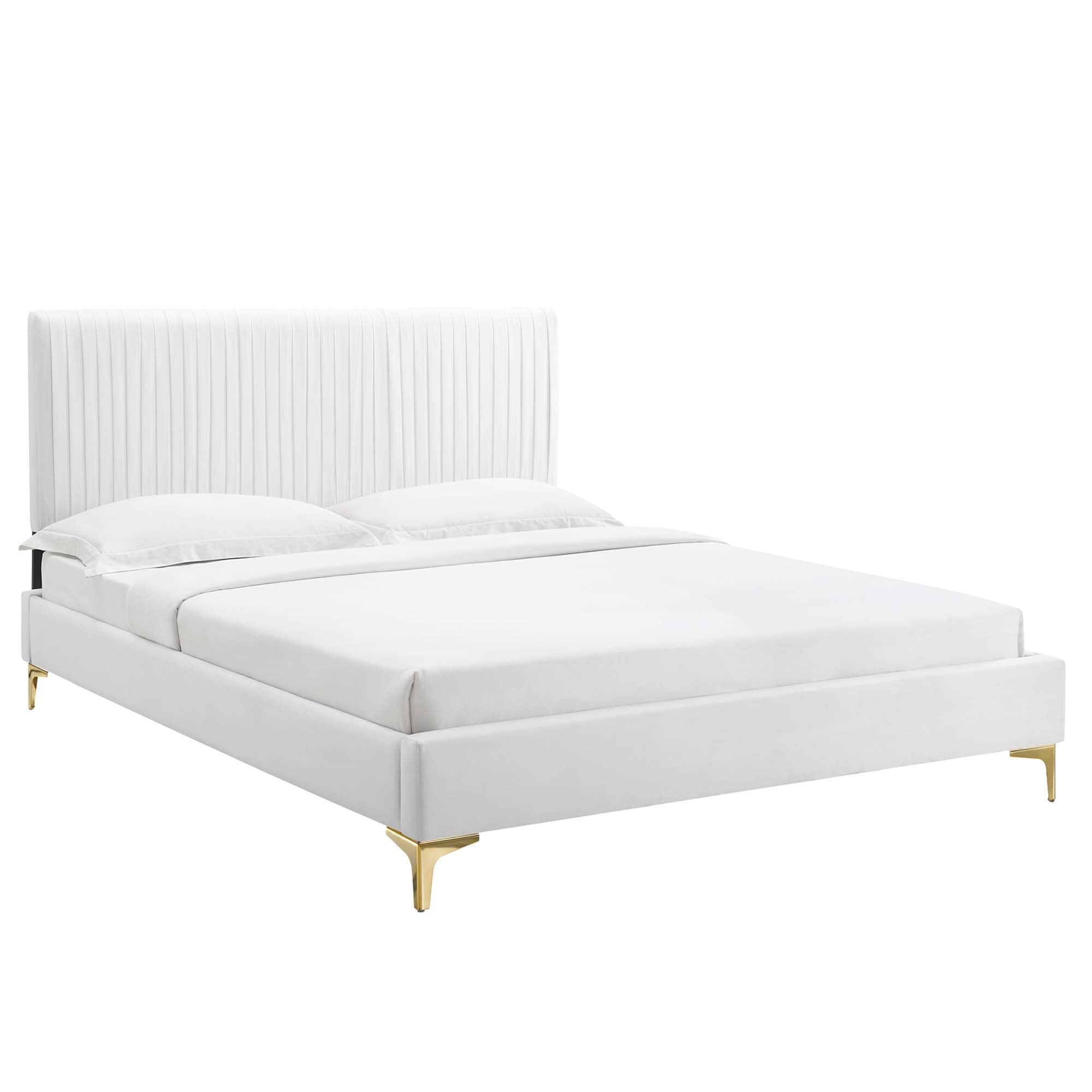 Peyton Performance Velvet Platform Bed With Gold Metal Legs - White