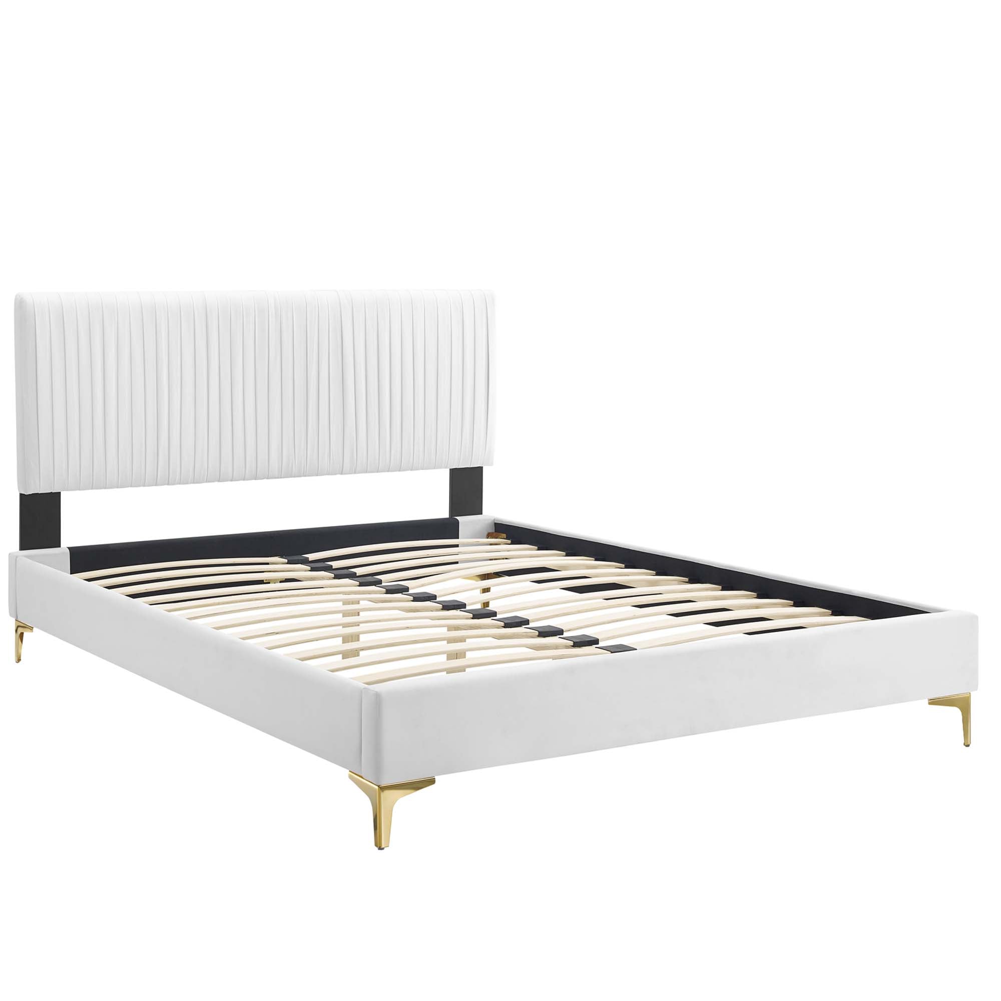 Peyton Performance Velvet Platform Bed With Gold Metal Legs