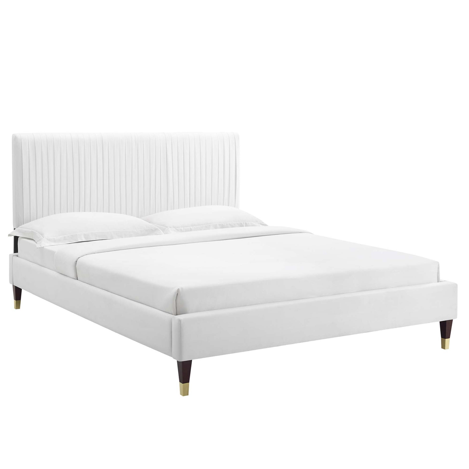 Peyton Performance Velvet Platform Bed With Wood and Gold Legs - White