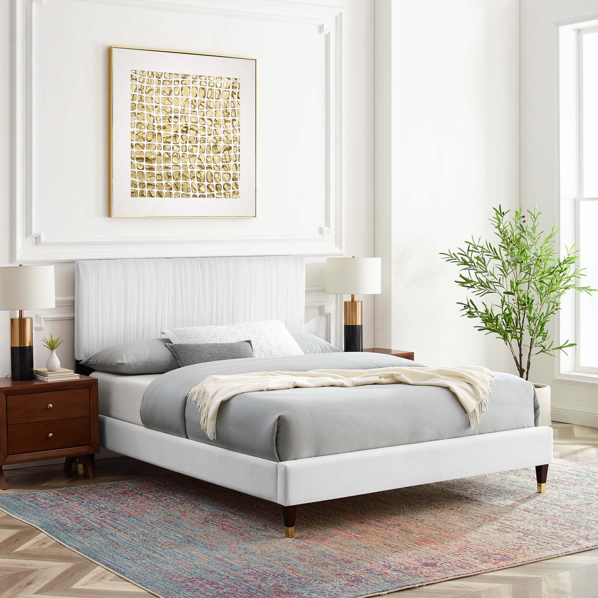 Peyton Performance Velvet Platform Bed With Wood and Gold Legs