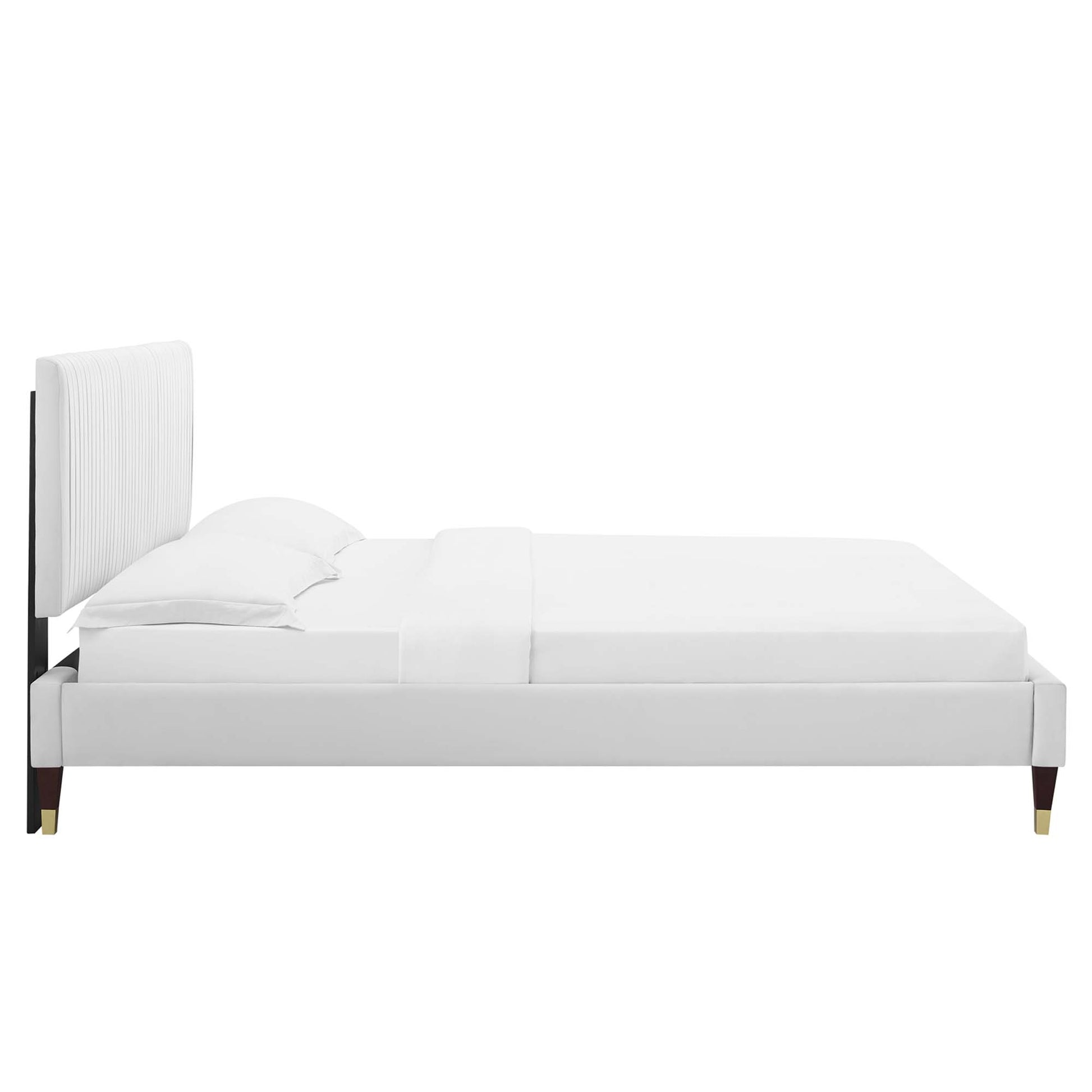 Peyton Performance Velvet Platform Bed With Wood and Gold Legs