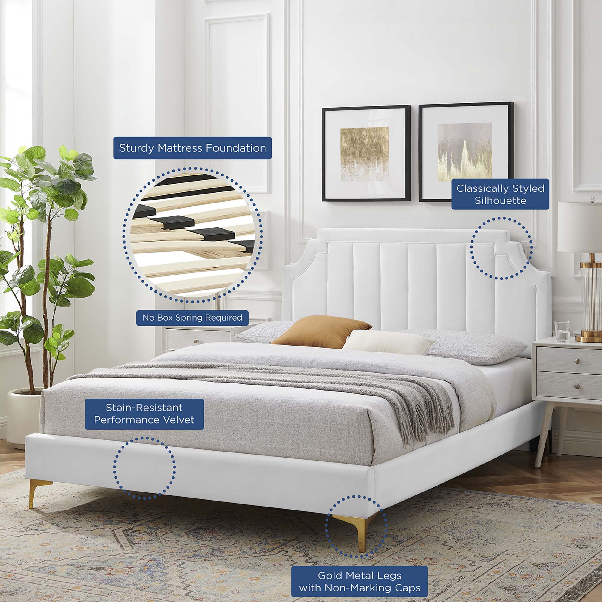 Sienna Performance Velvet Platform Bed With Gold Metal Legs