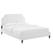 Sienna Performance Velvet Platform Bed With Wood and Gold Legs - White
