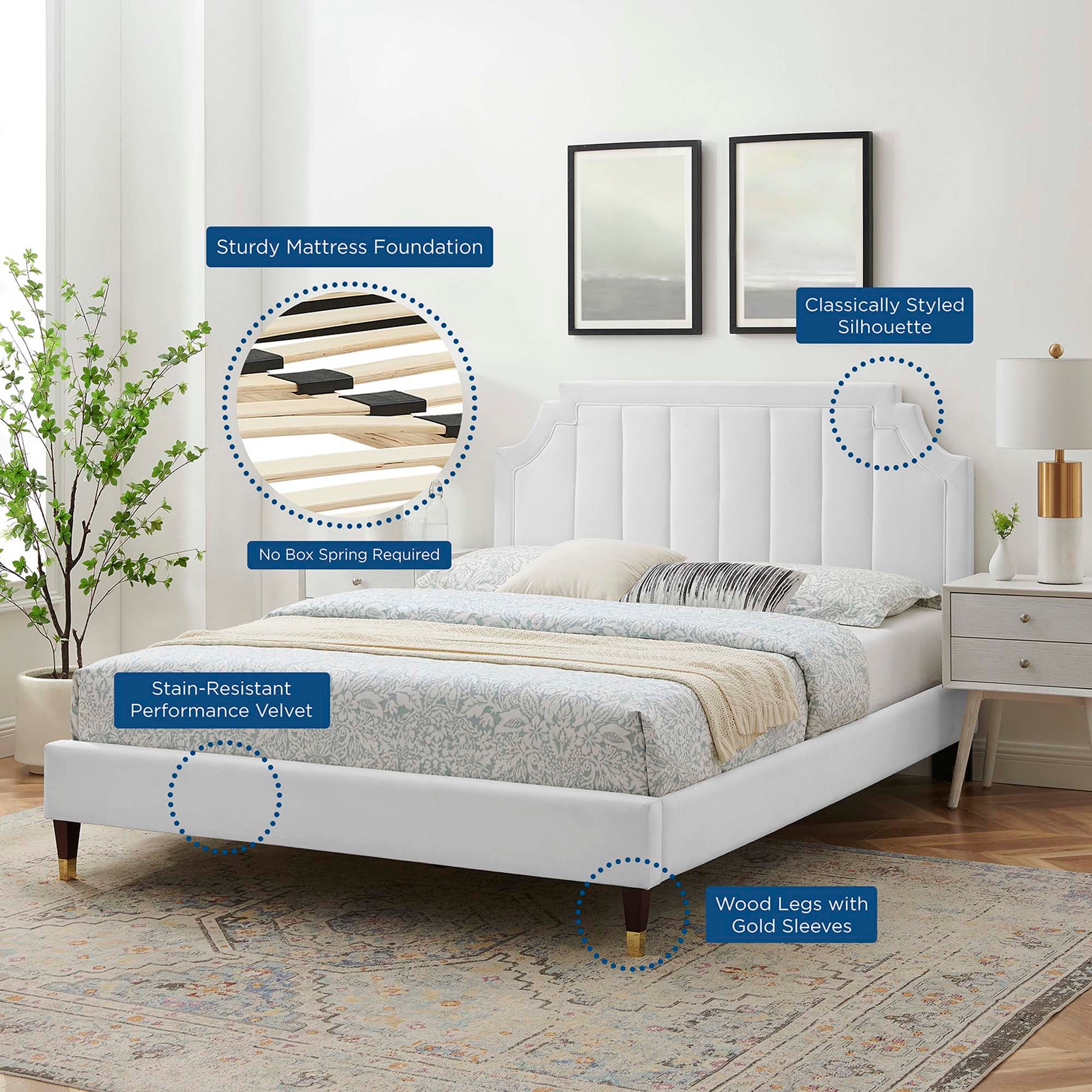 Sienna Performance Velvet Platform Bed With Wood and Gold Legs