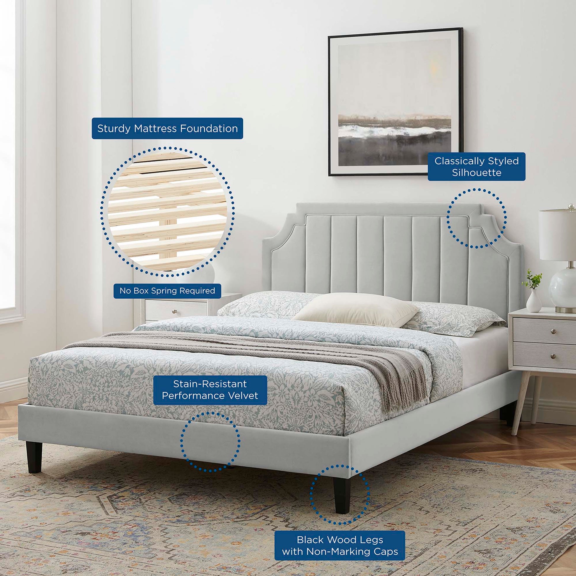 Sienna Performance Velvet Platform Bed With Black Wood Legs