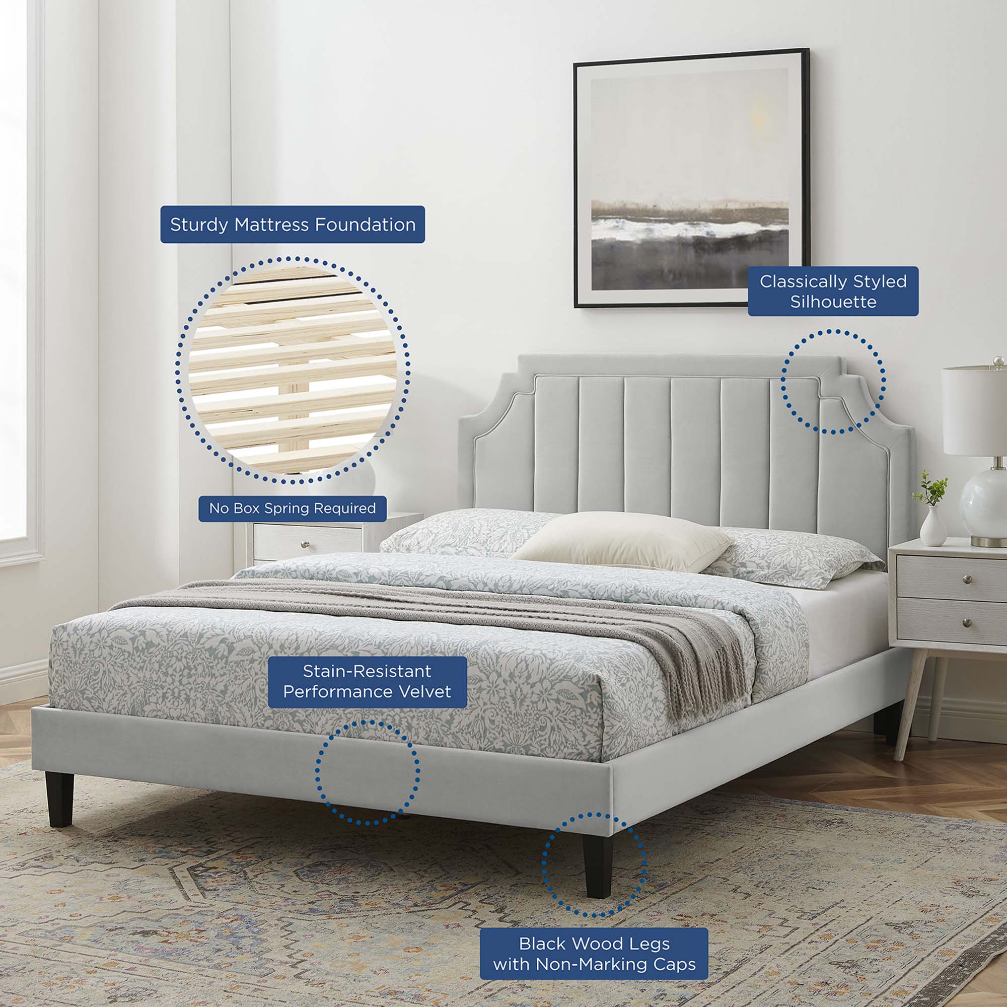 Sienna Performance Velvet Platform Bed With Black Wood Legs