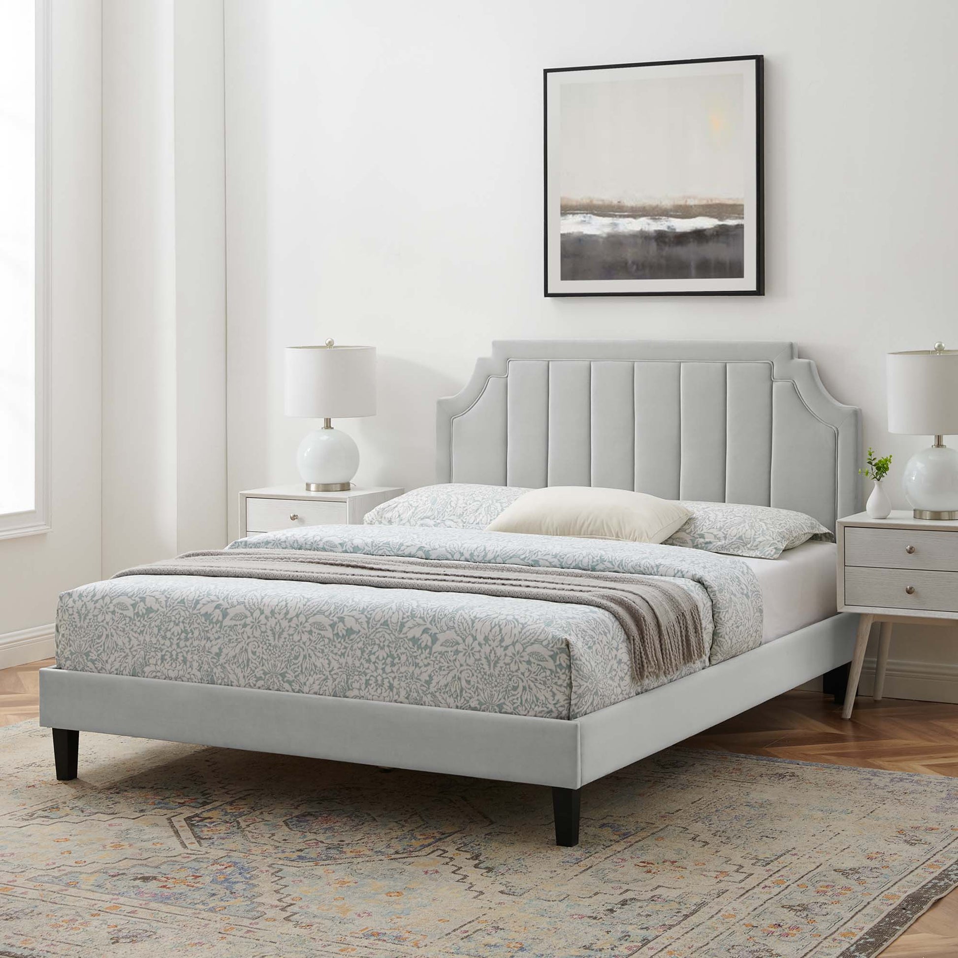 Sienna Performance Velvet Platform Bed With Black Wood Legs