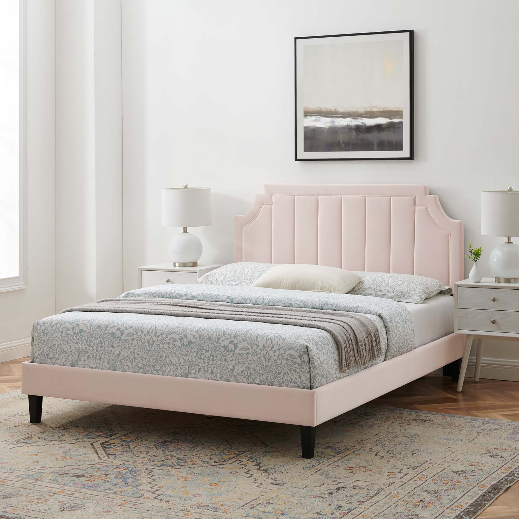 Sienna Performance Velvet Platform Bed With Black Wood Legs