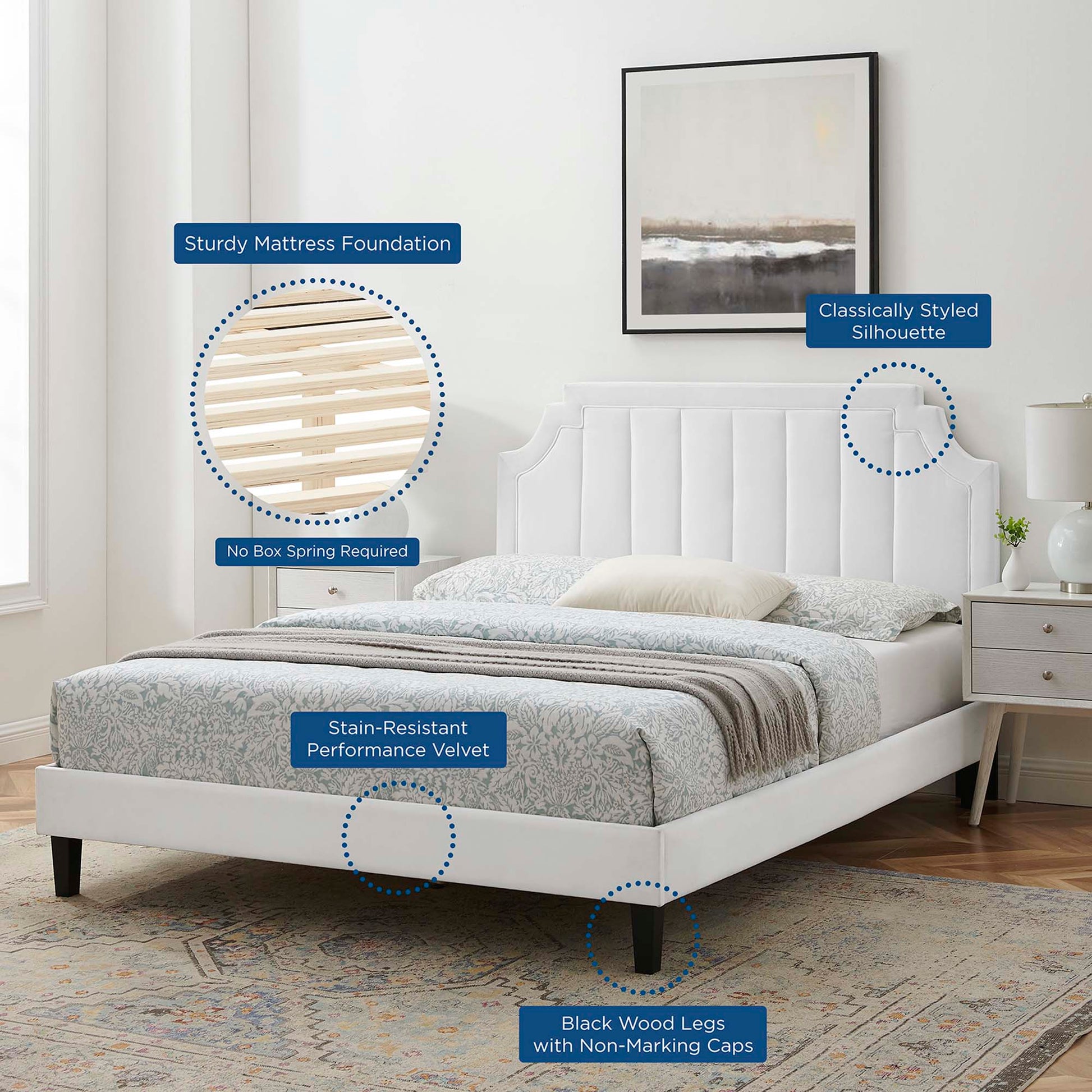 Sienna Performance Velvet Platform Bed With Black Wood Legs