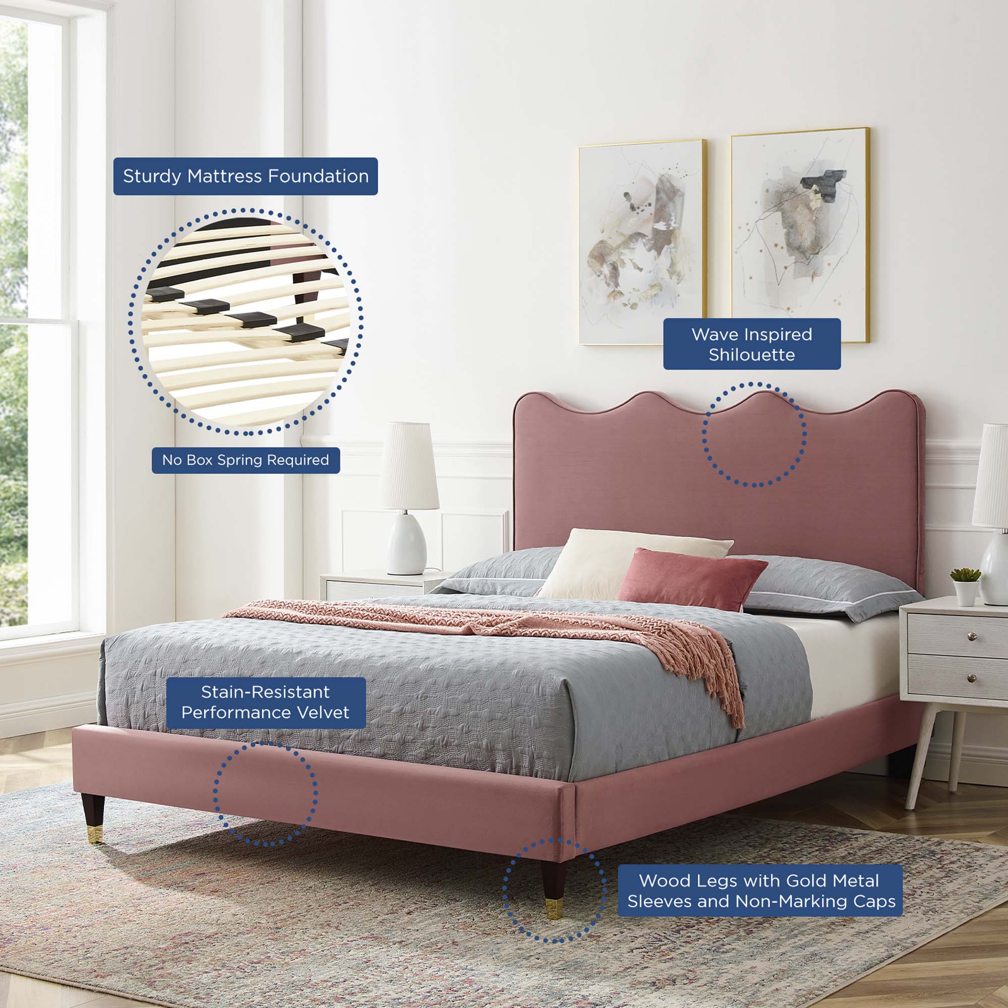 Current Performance Velvet Platform Bed With Wood and Gold Legs