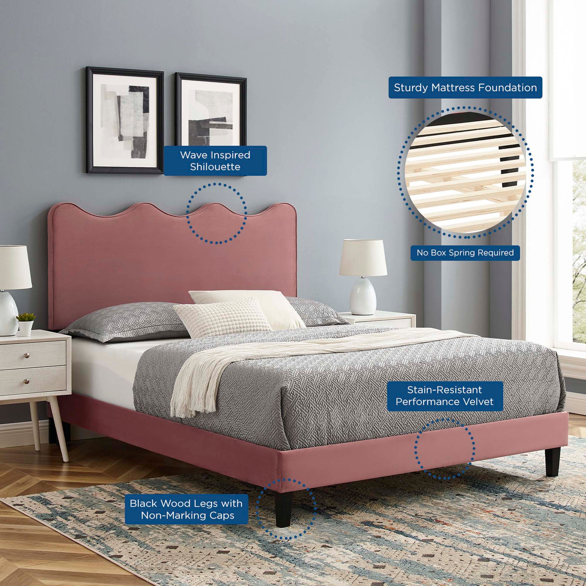 Current Performance Velvet Platform Bed With Black Wood Legs