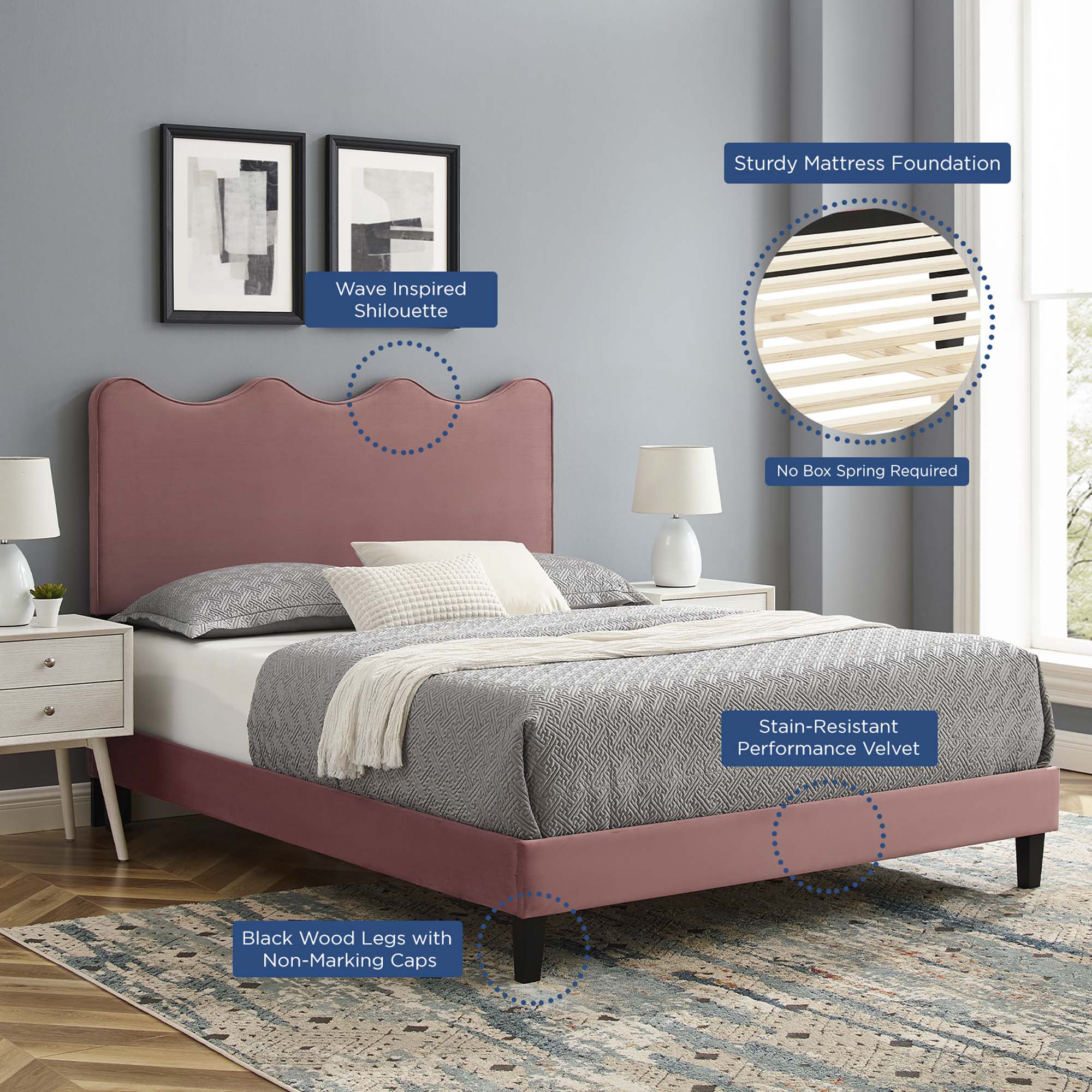 Current Performance Velvet Platform Bed With Black Wood Legs